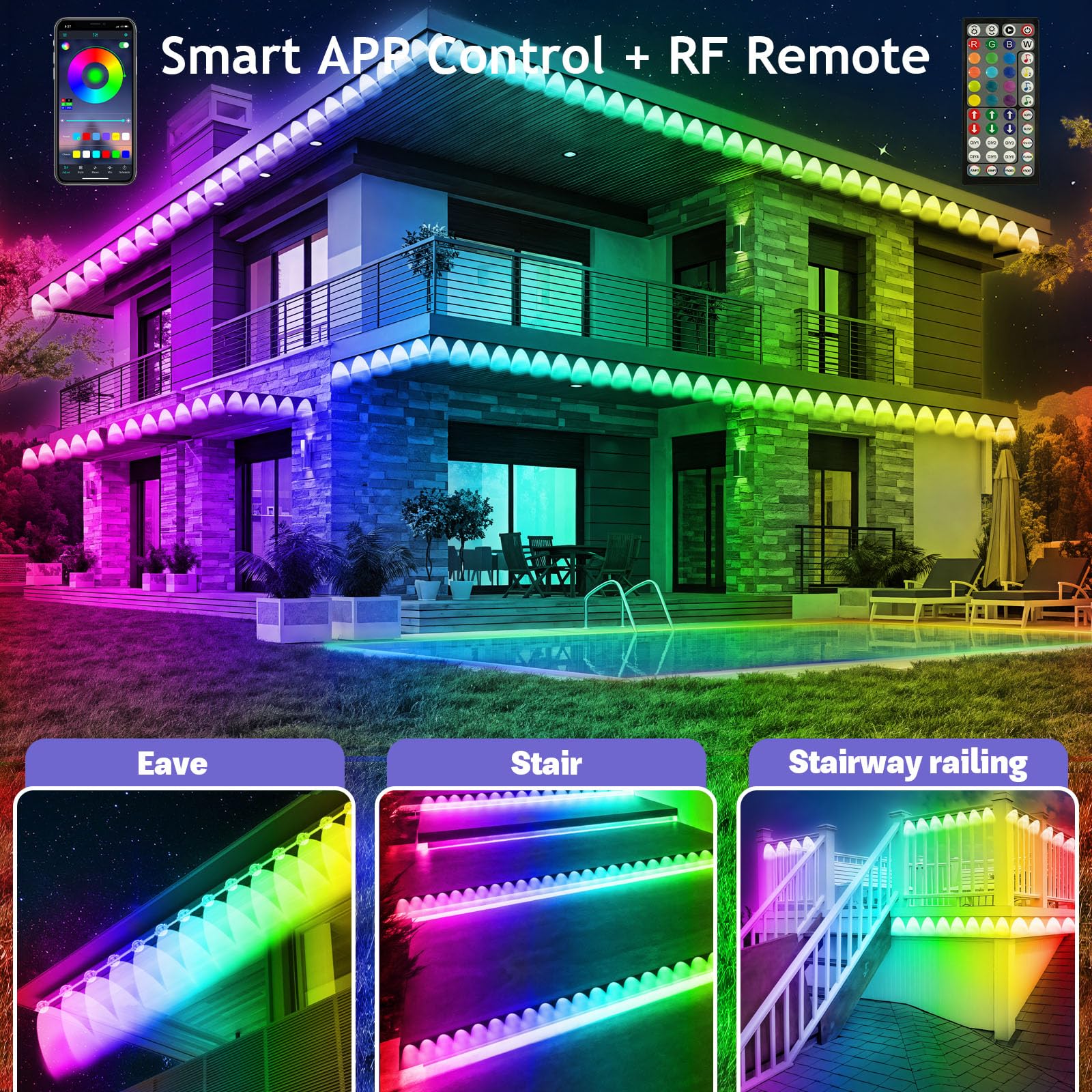 50Ft Permanent Outdoor Rgb Lights - Ip67 Waterproof With Smart App Control Remote, Diy Scene Modes, Music Synchronization, Eaves