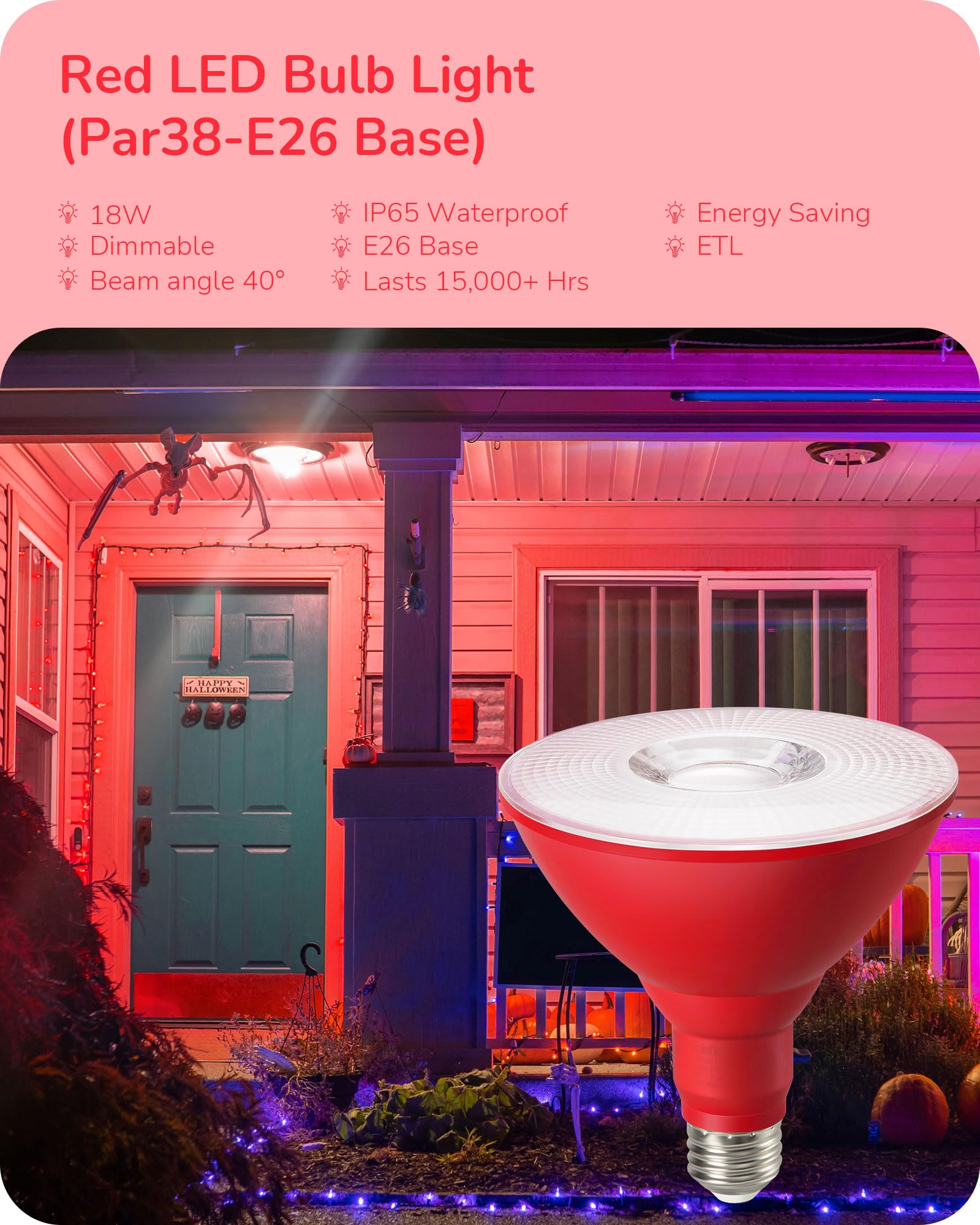Edishine Par38 Red Led Flood Light Bulbs Outdoor, Dimmable Red Led Light Bulb, 18W(120W Equivalent), Flood Lights For Party/Home