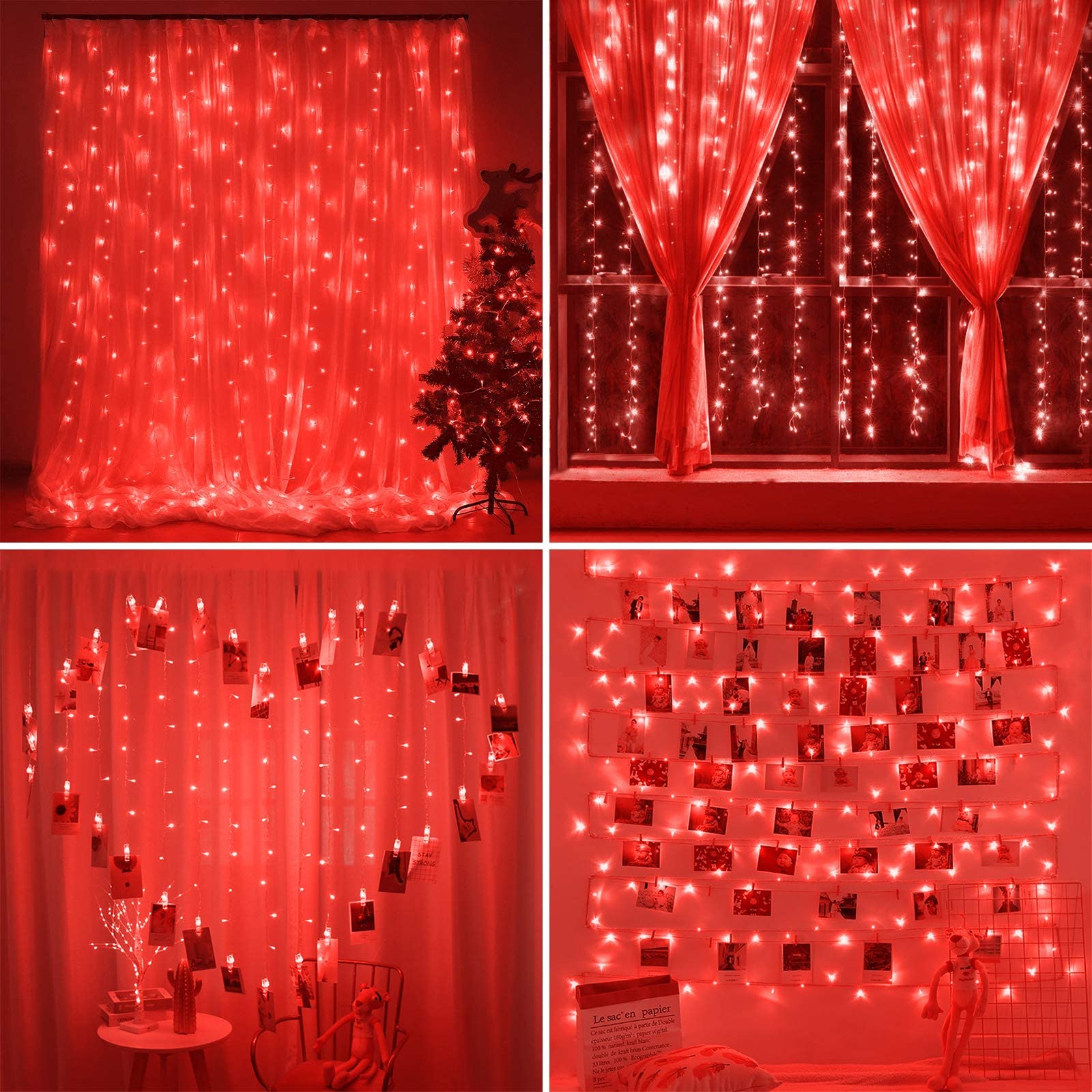 SUNNEST LED Curtain Lights, 300 LEDs, 9.8FT x 9.8FT, USB, 8 Lighting Modes, Remote Control, Red, Model SUNNEST-CDL
