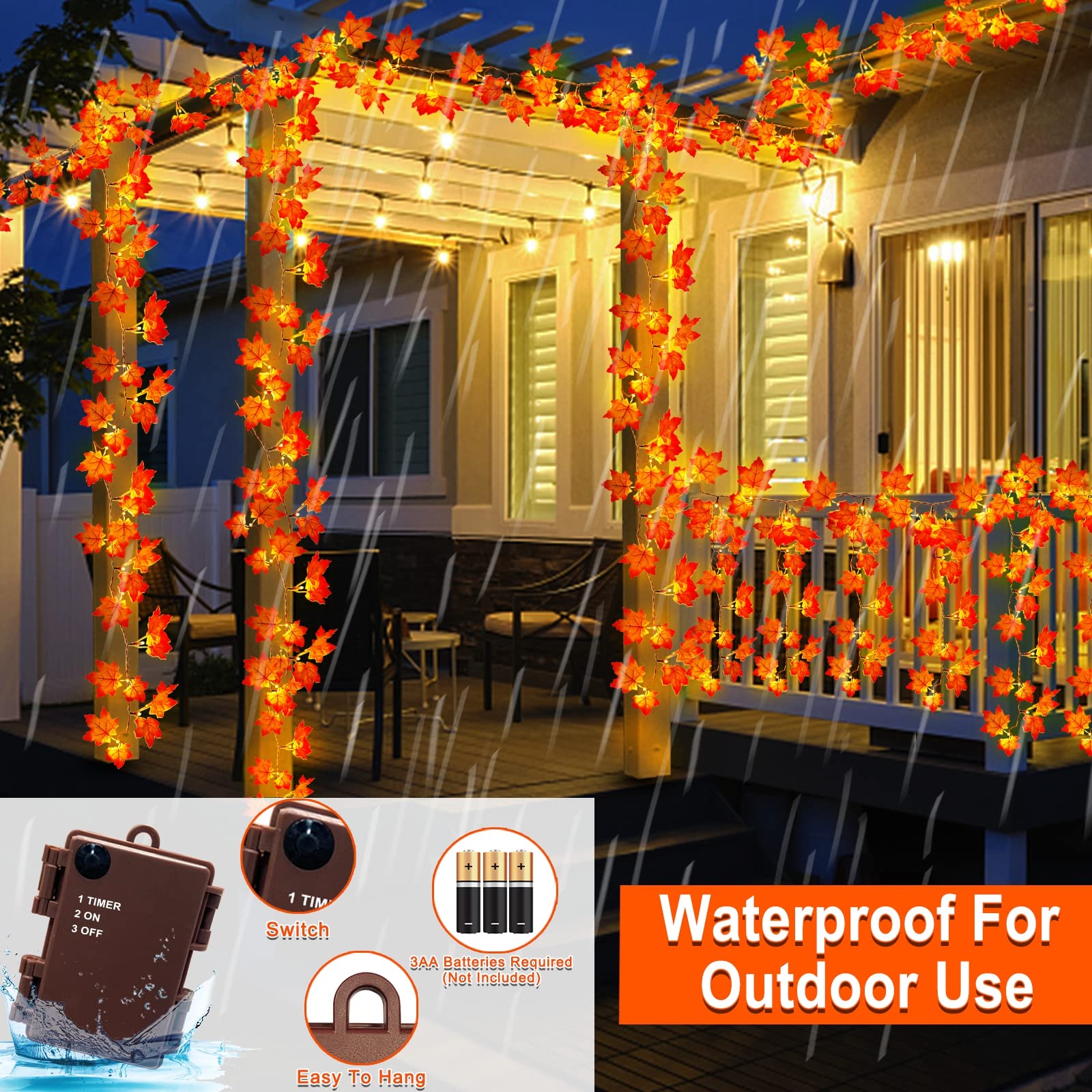 [ Timer & Thicker Leafed ] 2 Pack Fall Garland With Lights Fall Thanksgiving Decor Total 80 Leafed 40Led 20Ft Battery Operated Two Leafed Paired With Each Bright Led Fall Halloween Decor Home Indoor