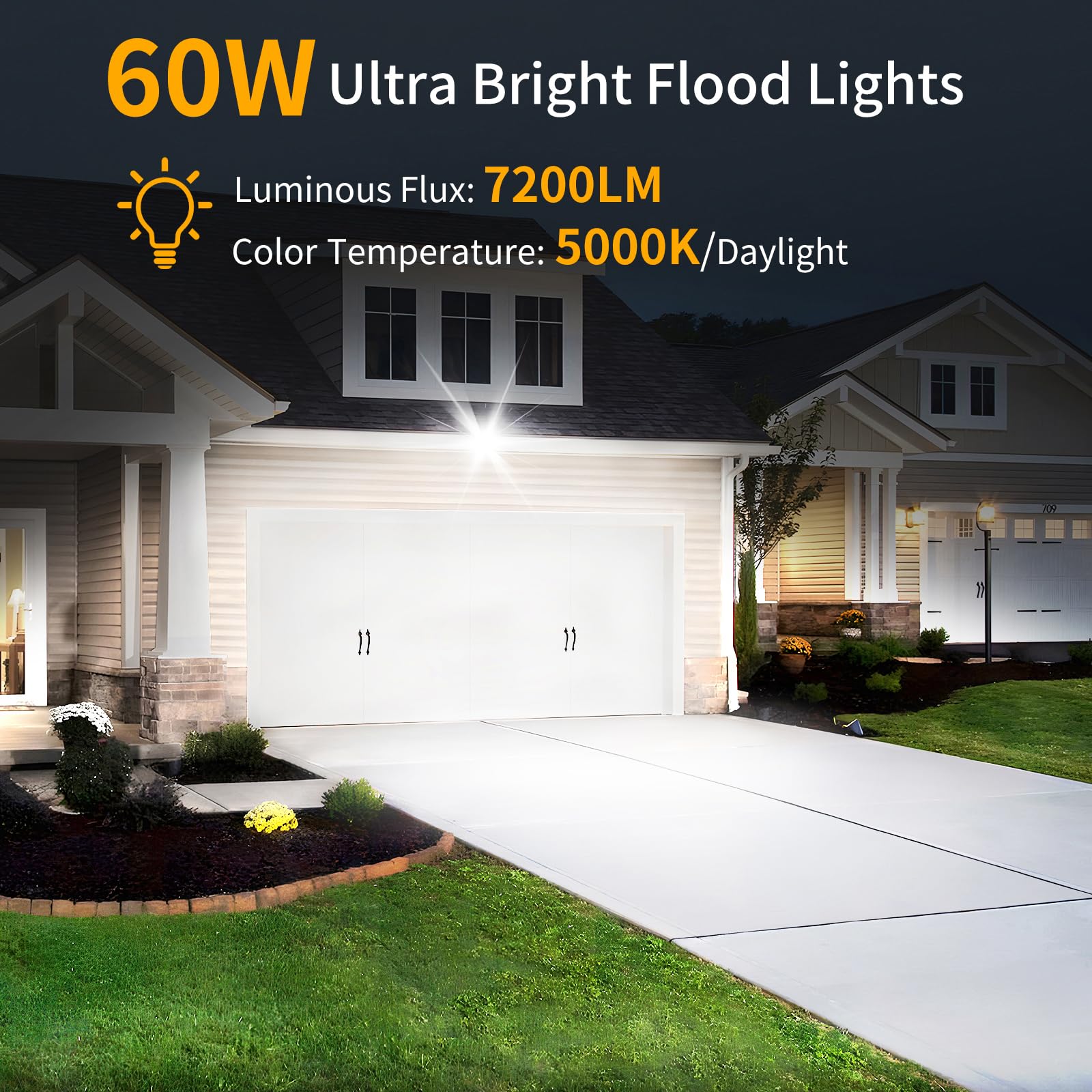 60W Led Flood Light Outdoor, 7200Lm Brighter Exterior Security Lights With 5Ft Plug, 5000K Daylight Led Work Light, Ip66 Waterpr