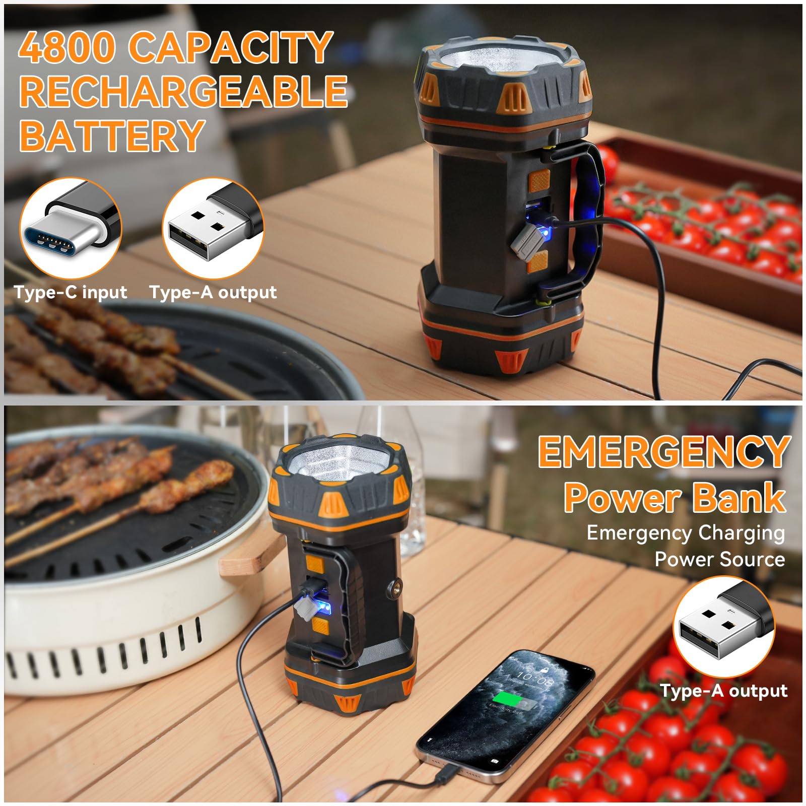 Camping Lantern Rechargeable, 2 Pack Orange LED Camping Flashlight, 4800 Capacity Battery Powered, Portable Camping Light 4+4 Mo