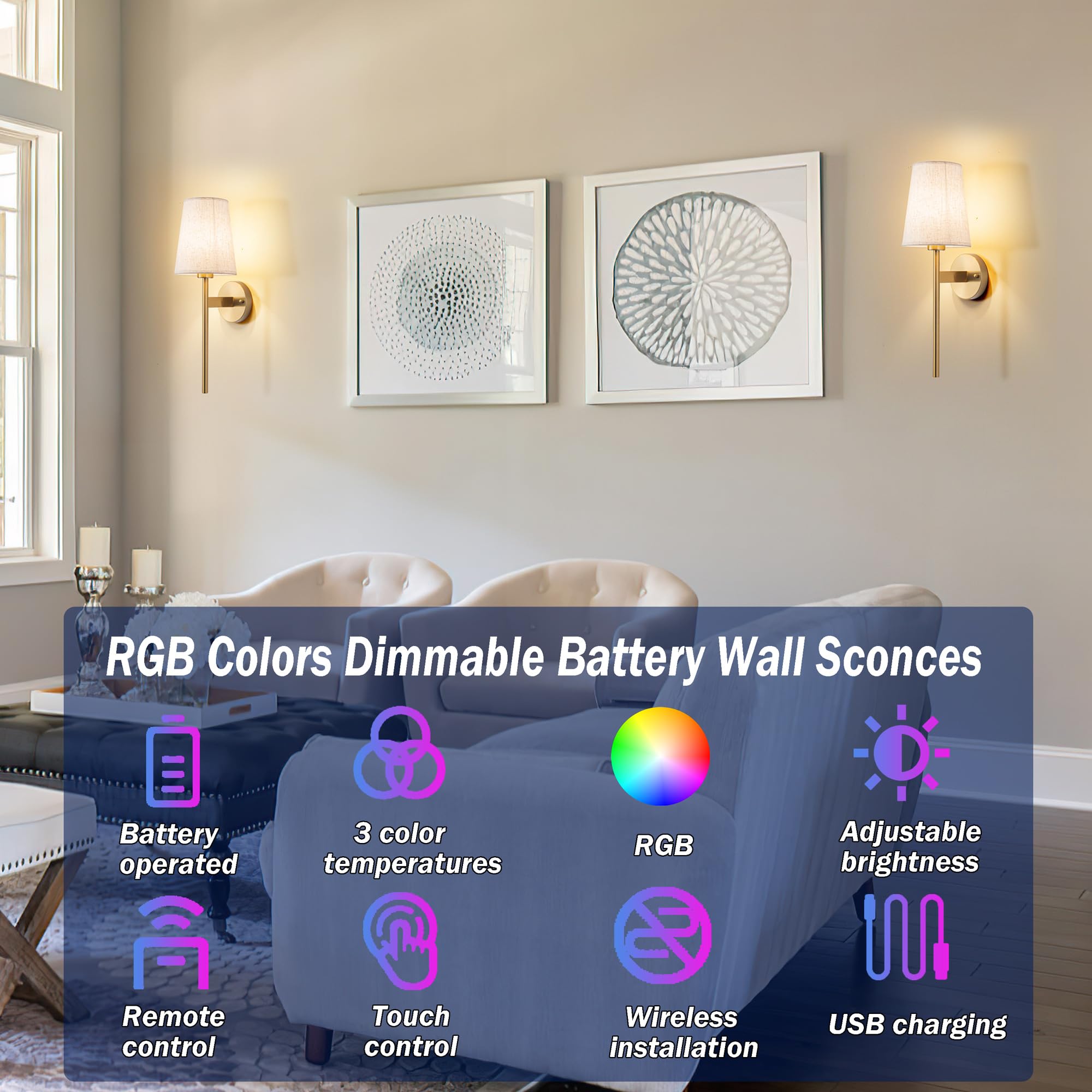 Nekhung Battery Operated Wall Sconces Set Of 2, Wireless Wall Sconce With Remote, Battery Operated Wall Lights Fabric Shade, 50 Hours Long Life Rechargeable Blub Rgb Dimmable,Perfect Indoor Lighting