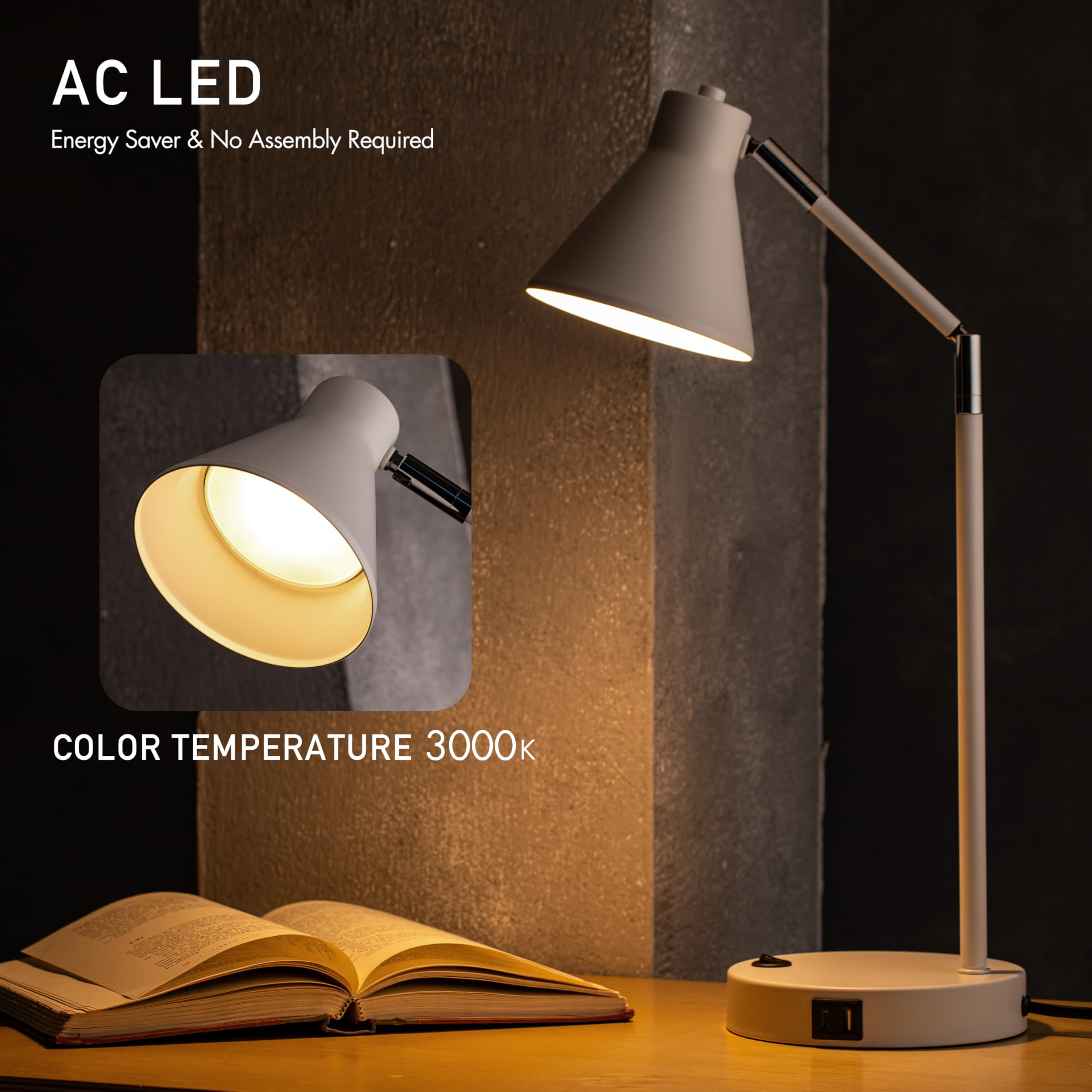 OBright LED Desk Lamp, 100% Metal, 270° Swivel Arms, Soft White Light, Dual USB Charging Ports, Model OB-DL03UC, White