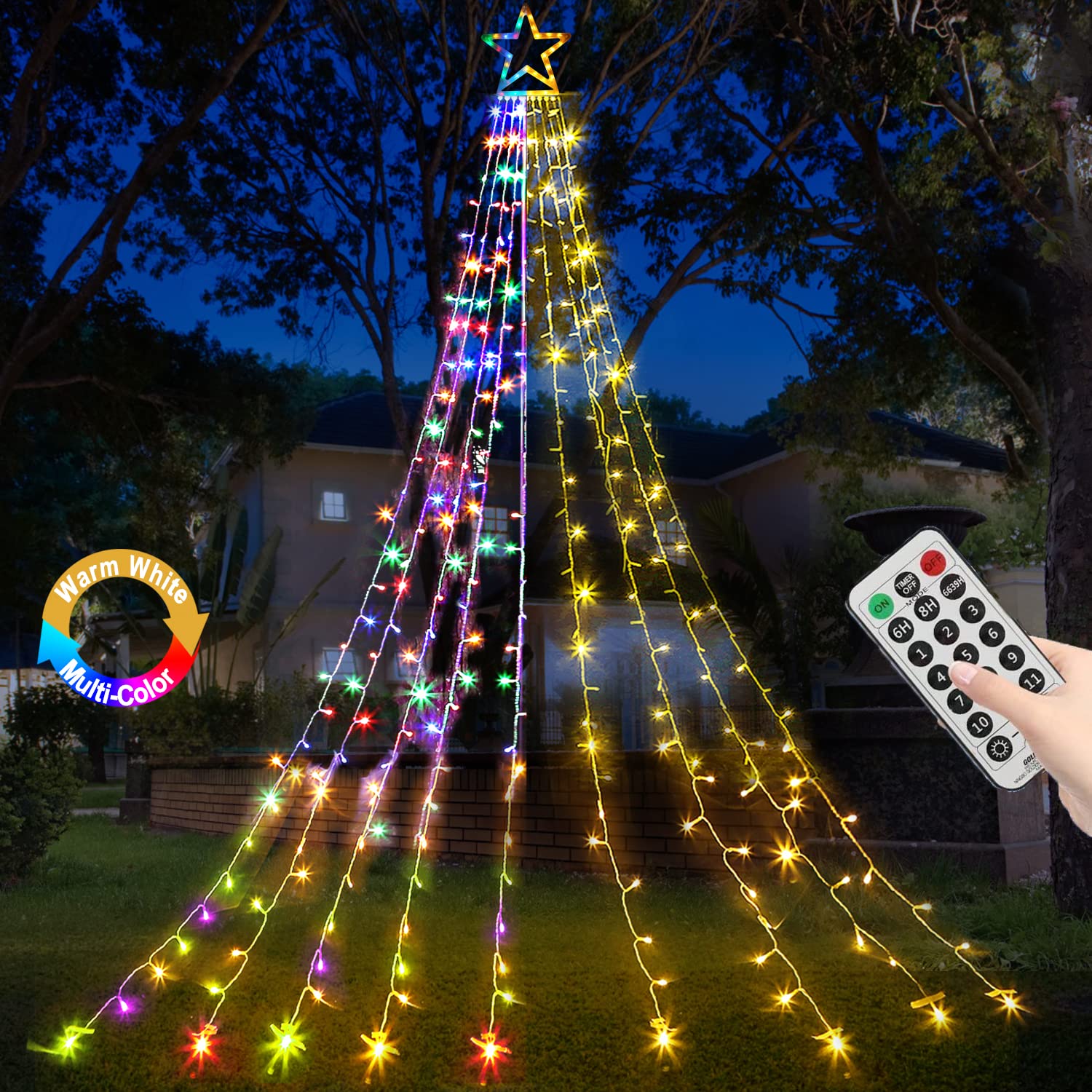 Funiao Christmas String Lights 320 Led Christmas Decorations Star Waterfall Lights With 11 Modes Remote Control For Tree Wall Yard Wedding Party (Warmwhite+Multicolored)