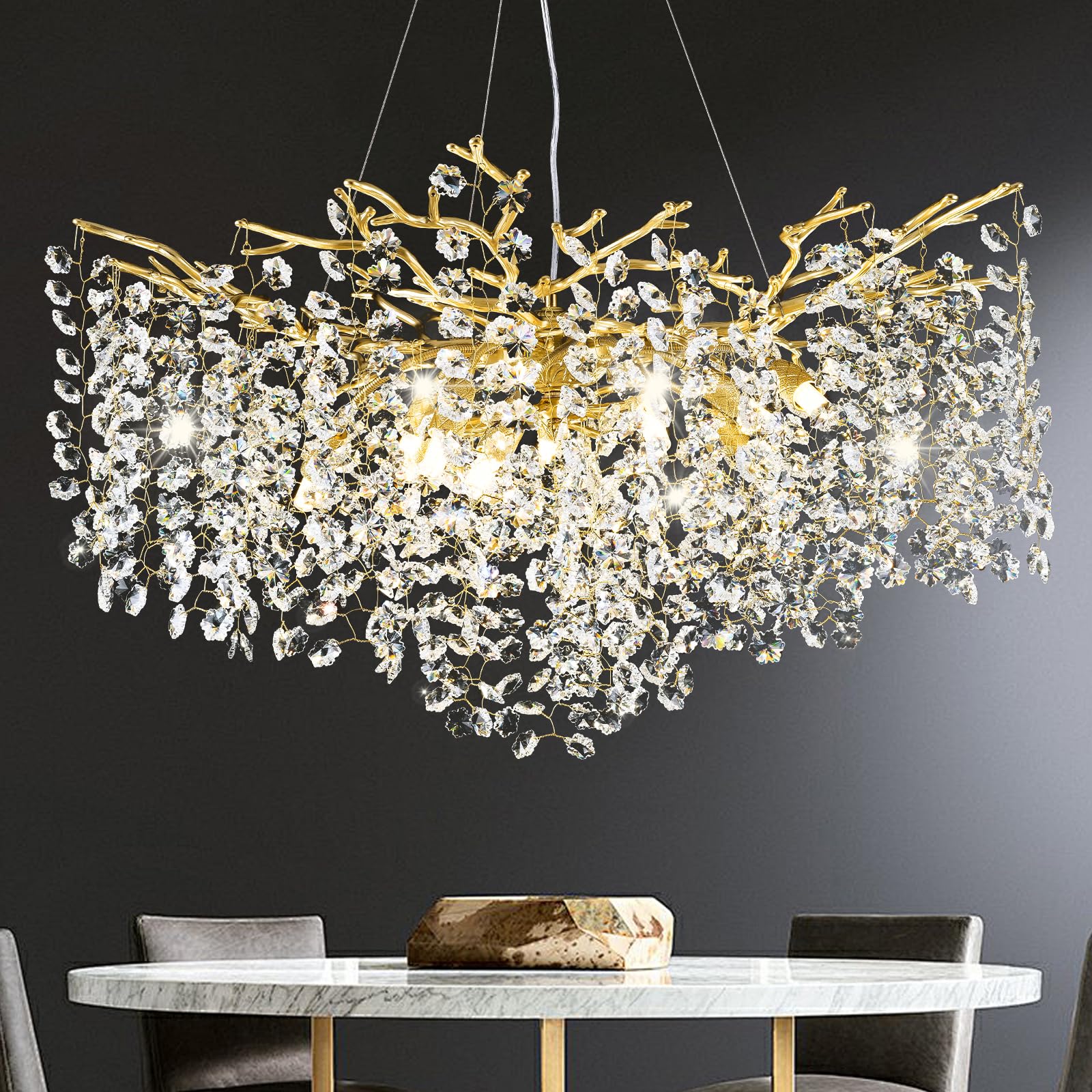 Modern Gold Crystal Chandelier for Dining Room, Tree Branches Chandelier for Living Room Bedroom Bathroom Kitchen Foyer, 30'' Ro