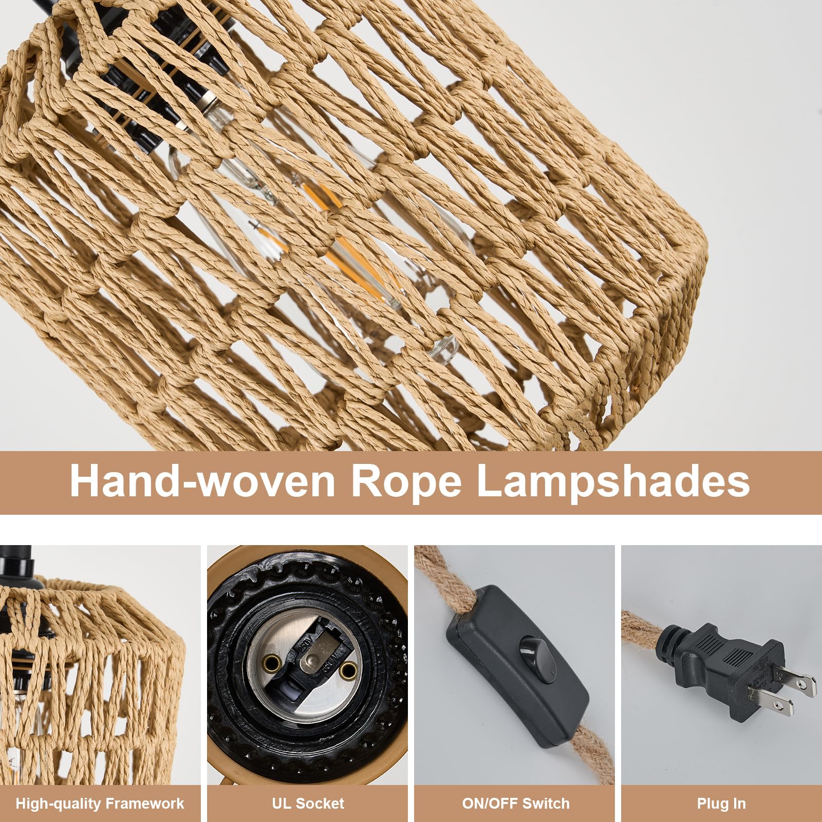 Alaislyc Rattan Plug-In Pendant Light With 3 Lights & On/Off Switch - Boho Wicker Chandelier