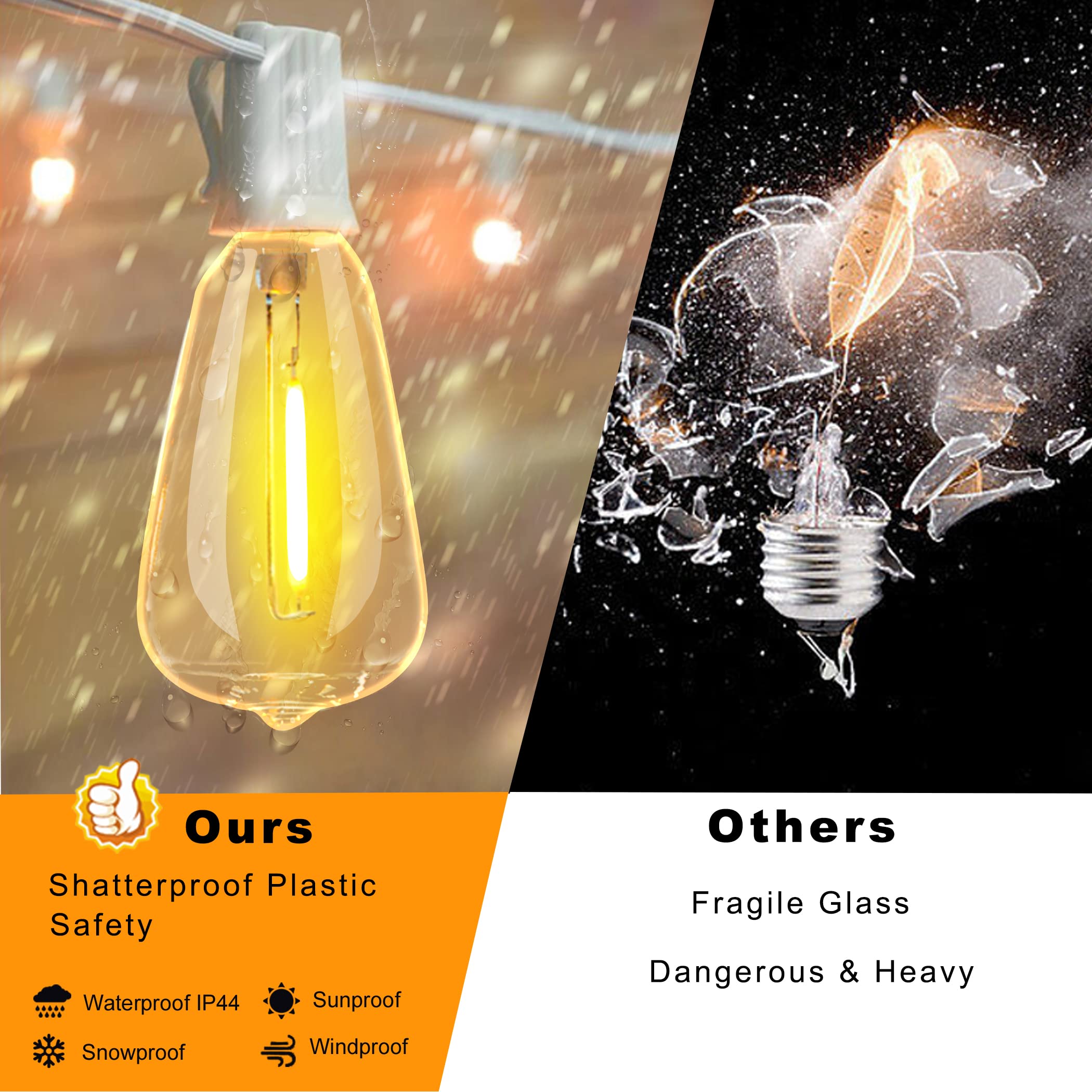 DAMAING LED Outdoor String Lights 100FT with 52 Shatterproof Bulbs, Dimmable, Waterproof, White, Model US100050-White