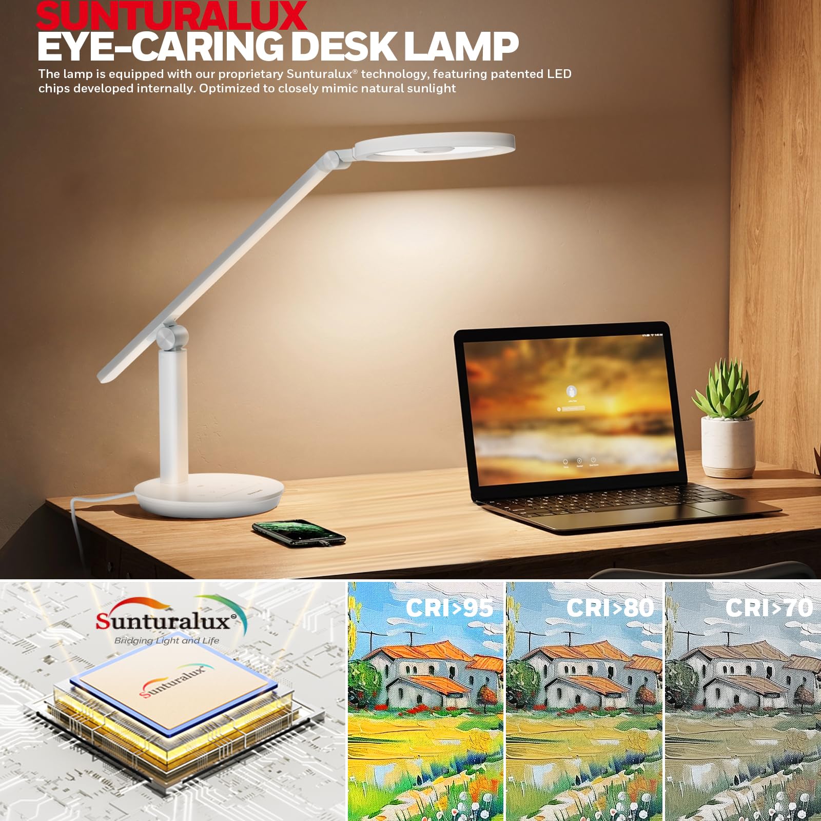 Honeywell Desk Lamp For Home Office, H6 Sunturaluxeye-Caring Led Desk Light, 800Lm Dimmable Desk Lamp With Timer, Touch Control