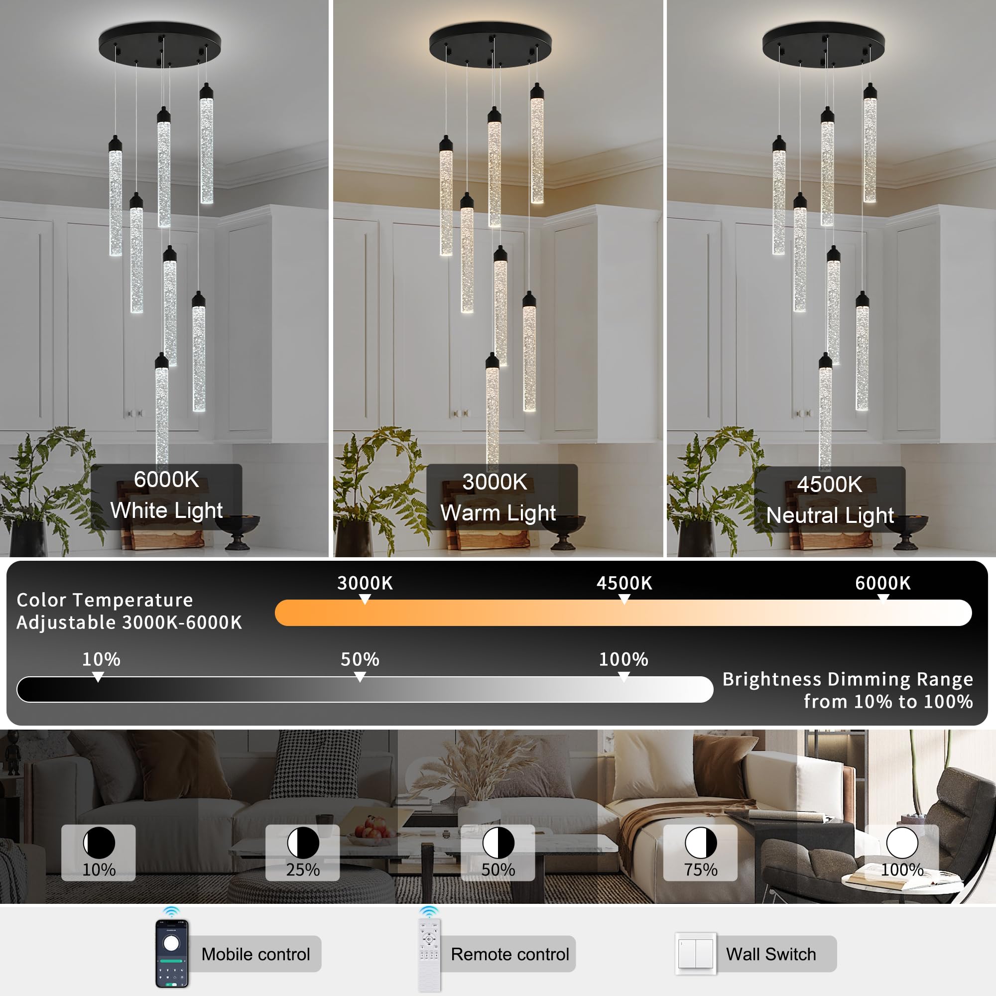 7-Lights High Ceiling Crystal Staircase Chandelier Black Pendant Lights Modern Spiral Raindrop Dimmable Led Bubble Cluster Ceiling Hanging Lighting Fixture For Foyer Living Room Remote Control
