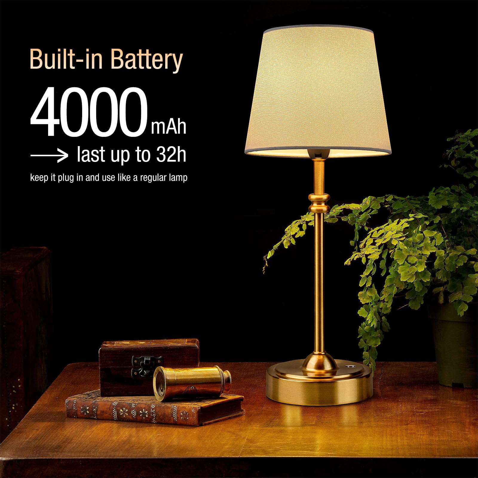 Onewish Cordless Lamp-Battery Operated Table Lamp, 4000Mah Rechargeable, Stepless Dimmable, Small Touch Bedside Lamp With Fabric