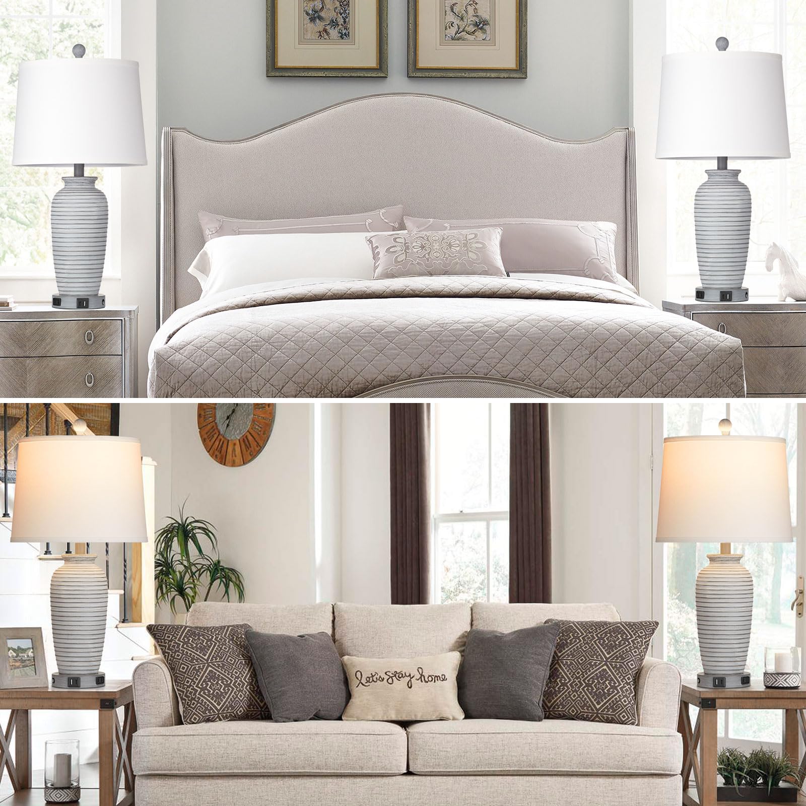 CINSARY 25" Farmhouse Jar Table Lamps Set of 2, Grey & White, Touch Control with USB Ports & AC Outlet, LED Bulbs Included