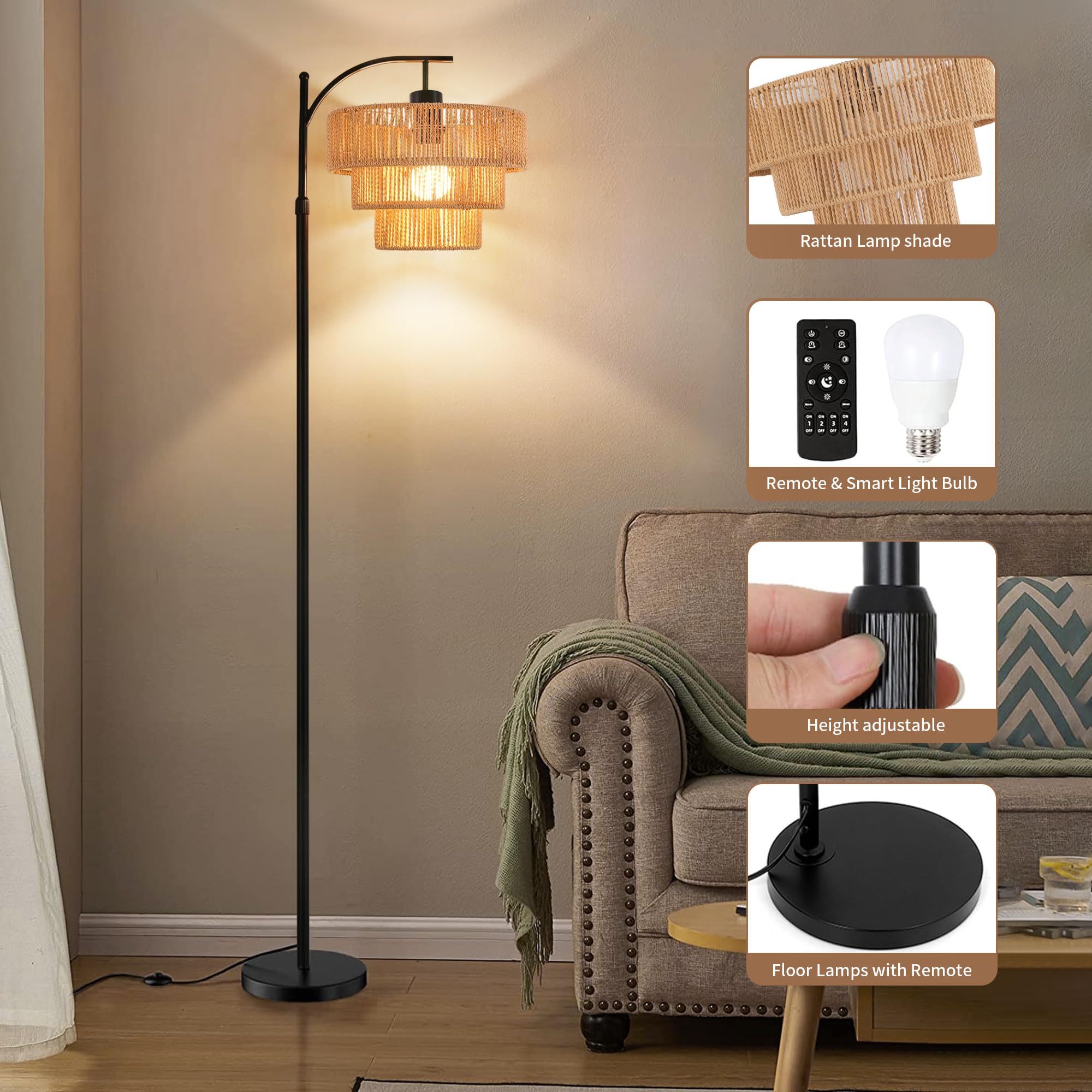 Arc Floor Lamp For Living Room With Remote Control,Farmhouse Boho Floor Lamps With 3 Color Temperature,Rustic Standing Lamp With Rattan Wicker Shades,Adjustable Tall Lamp For Bedroom,Office,Reading
