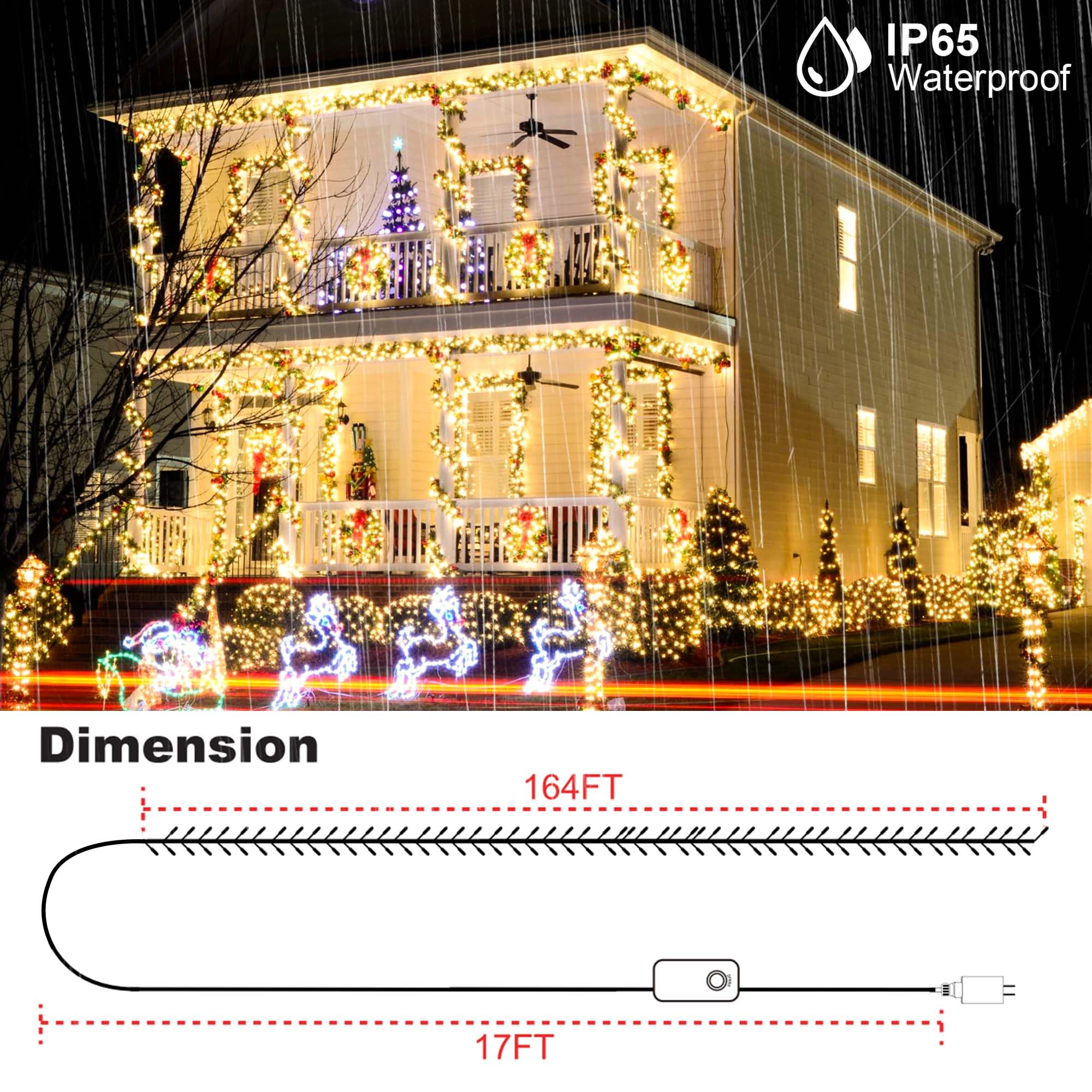 kemooie 164 FT LED Christmas Lights Outdoor, RGB Color Changing with Remote & APP Control, Green Wire, Model HB-500COI