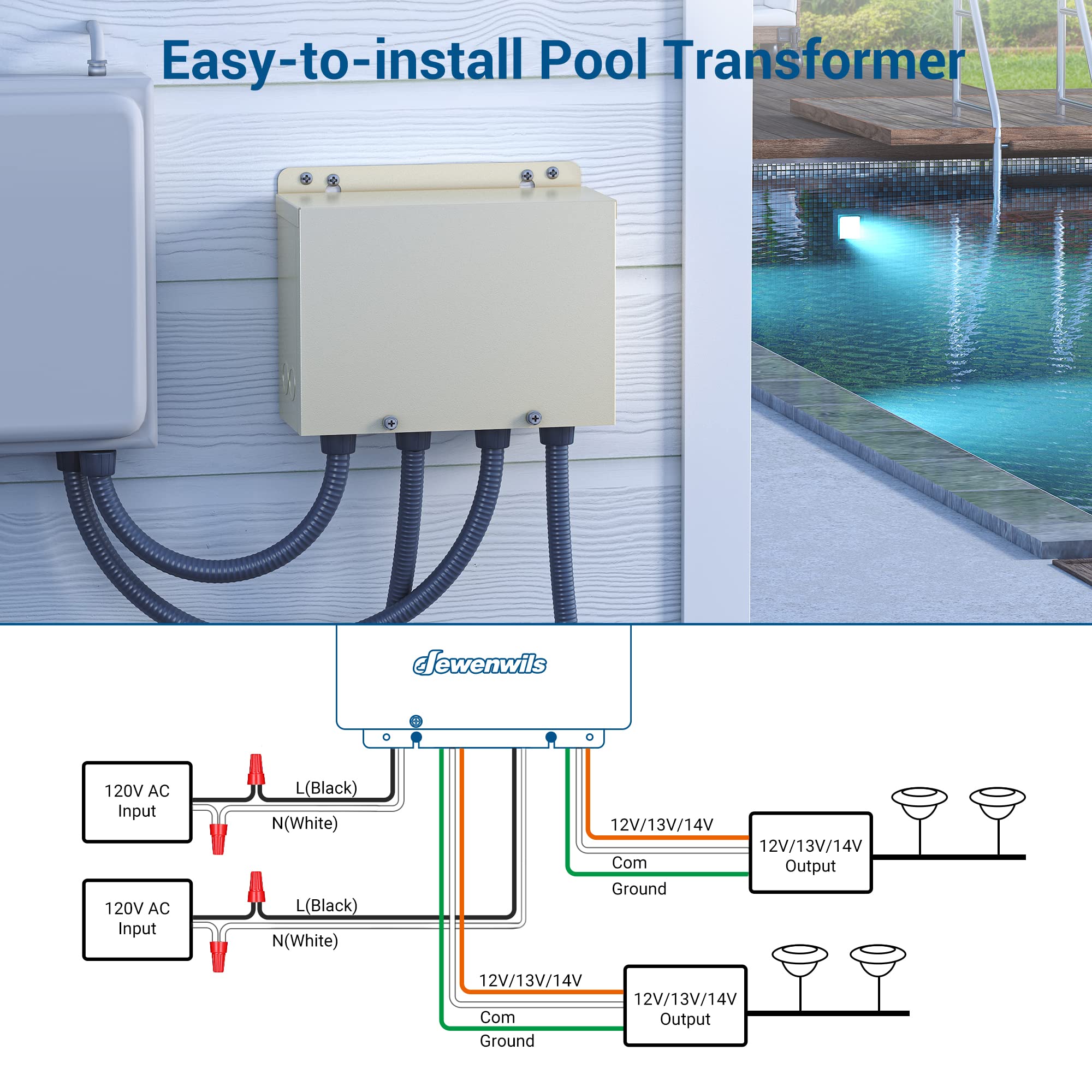 Dewenwils 600W Low Voltage Landscape Transformer  Pool Light Transformer 120V To 12V/13V/14V Ac  For Swimming Lighting  Spa & Fountain Lights  Outdoor Use  Waterproof  Etl Listed