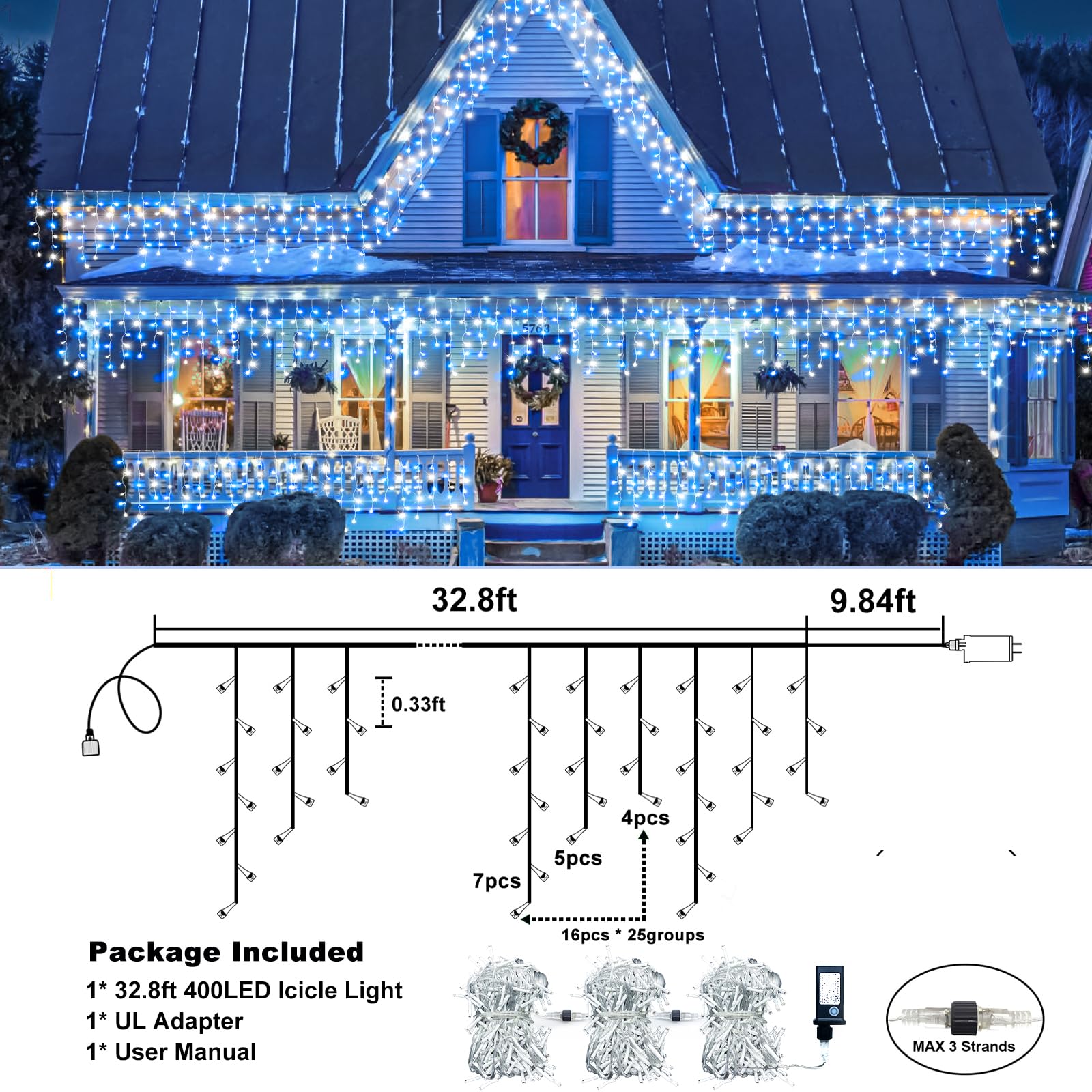 Xmasbokeh 33Ft 400 Led Christmas Lights Outdoor, Icicle Lights With 8 Modes 75 Drops, Waterproof Plug In Curtain String Lights For Indoor House Room Patio Party Wedding Decorations, Blue And White