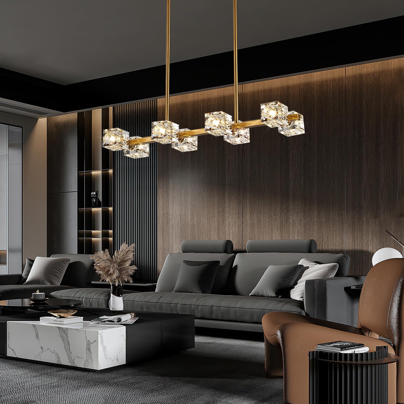 OKES Gold Modern Crystal Chandelier, 8-Light Rectangular Pendant Light for Dining Room, Kitchen Island, Model AM-0092-10H-2