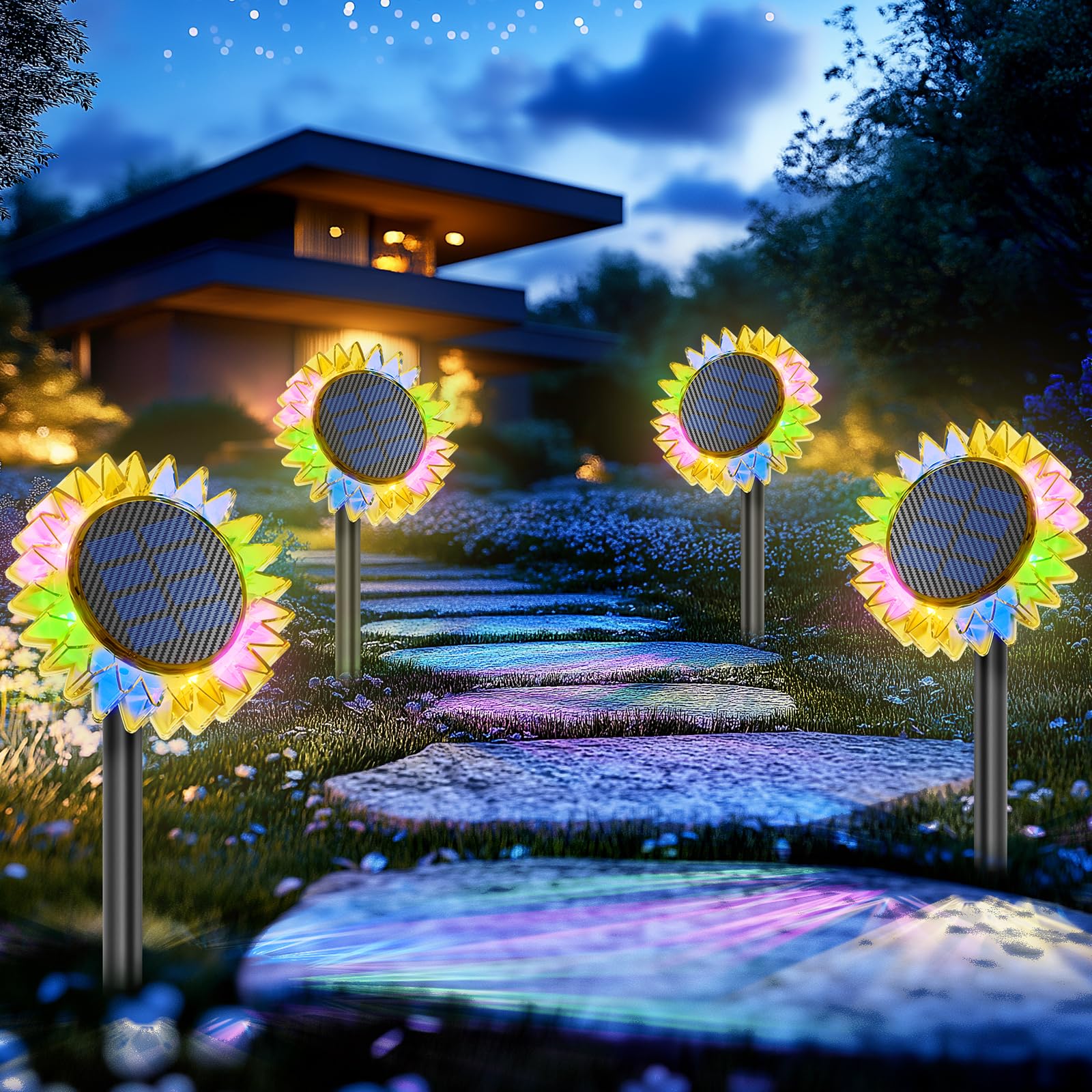 VGYVGYCC Solar Garden Lights - 4 Pack Waterproof IP67, Multicolor Plastic Sunflower Light for Outdoor Decoration