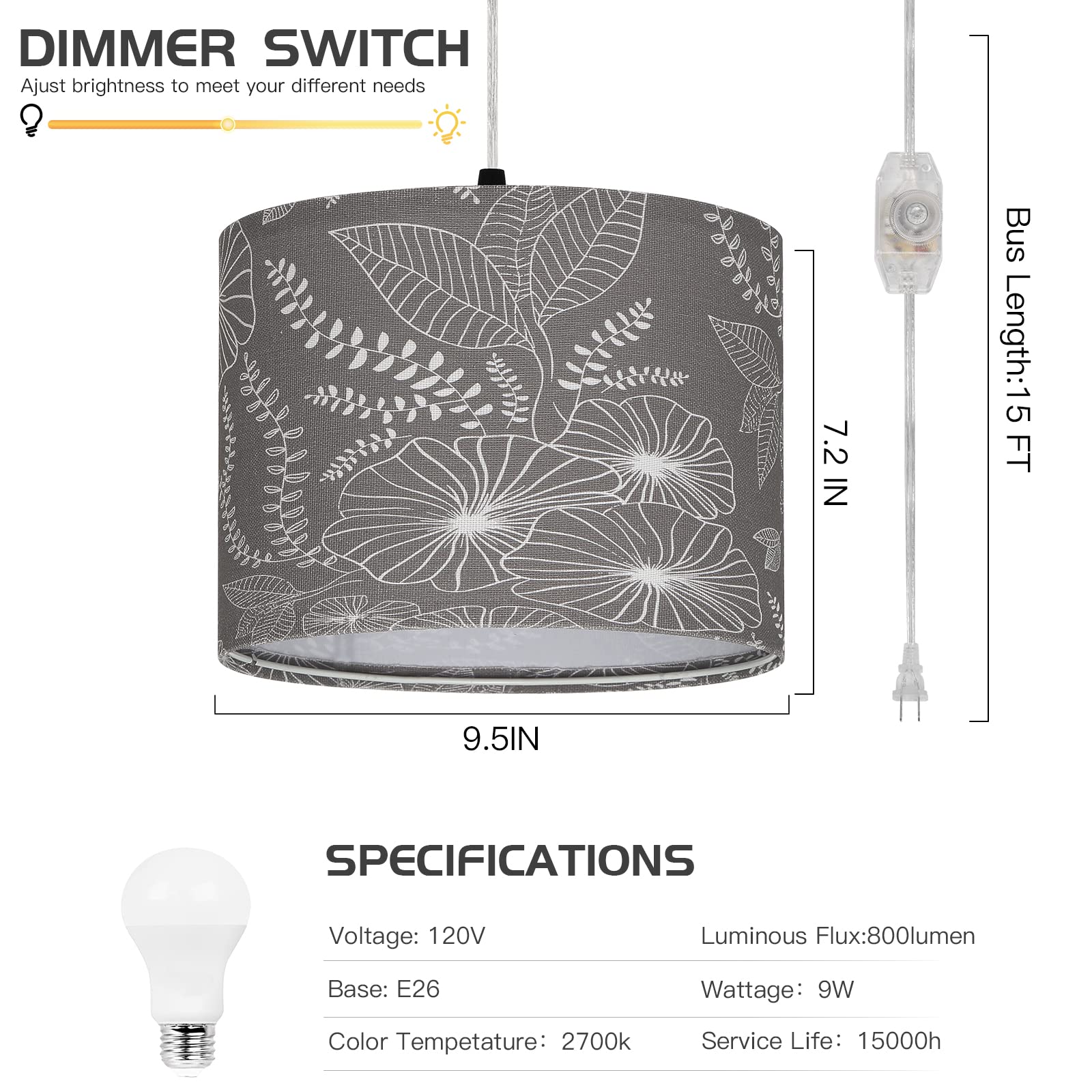 Cinsary Plug In Pendant Light, Hanging Light With Plug In Cord With Dimmable Switch, Hanging Lamp With 15 Ft Clear Cord, Grey Pe