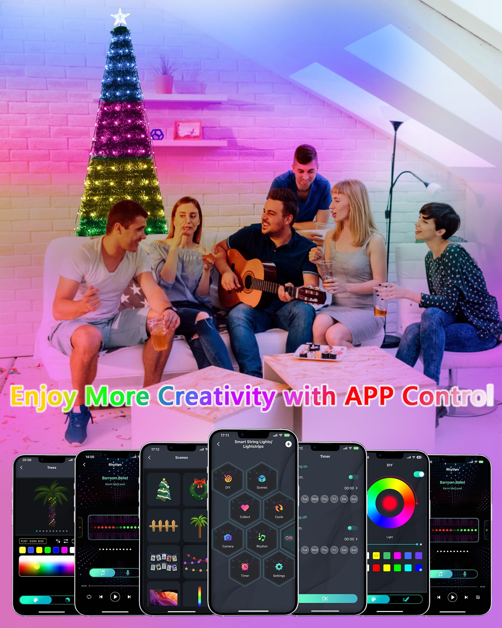 Smart Christmas Tree Lights With Star Topper, 6.6Ft X 10 Led String Lights Music Sync With Remote & App Controlled, Diy 16 Milli