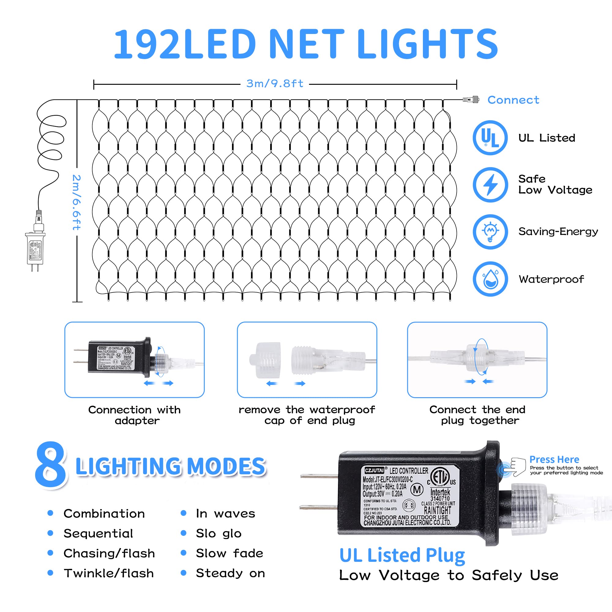 HEYFUNi 192 LED Net Lights, Waterproof Outdoor Mesh Lights, 8 Modes, 9.8ft x 6.6ft, White, Model QX-U-O-N-192-W