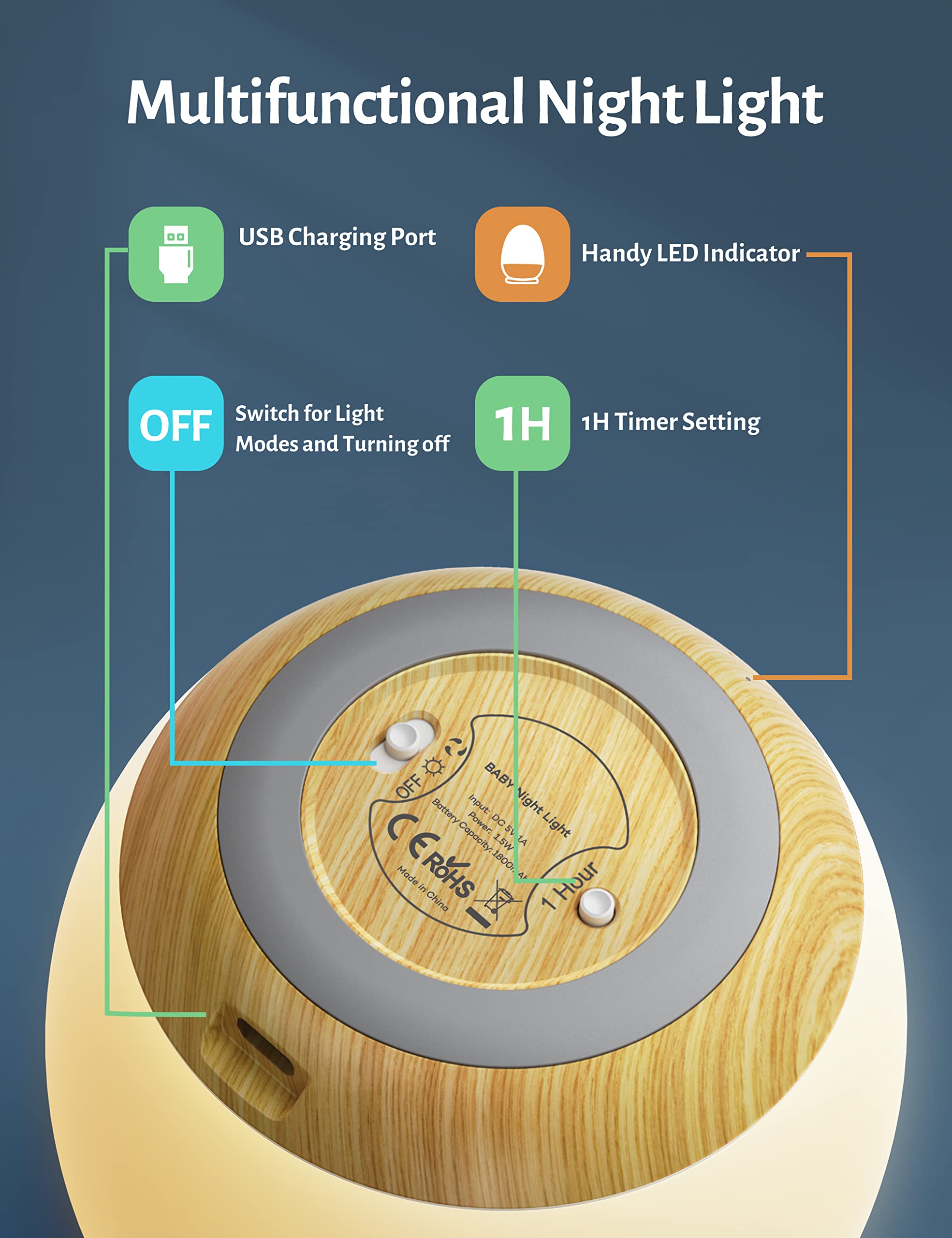 JolyWell Night Light for Kids with Color Changing Mode & Dimming Function, Rechargeable Baby Egg Night Light with 1 Hour Timer&T