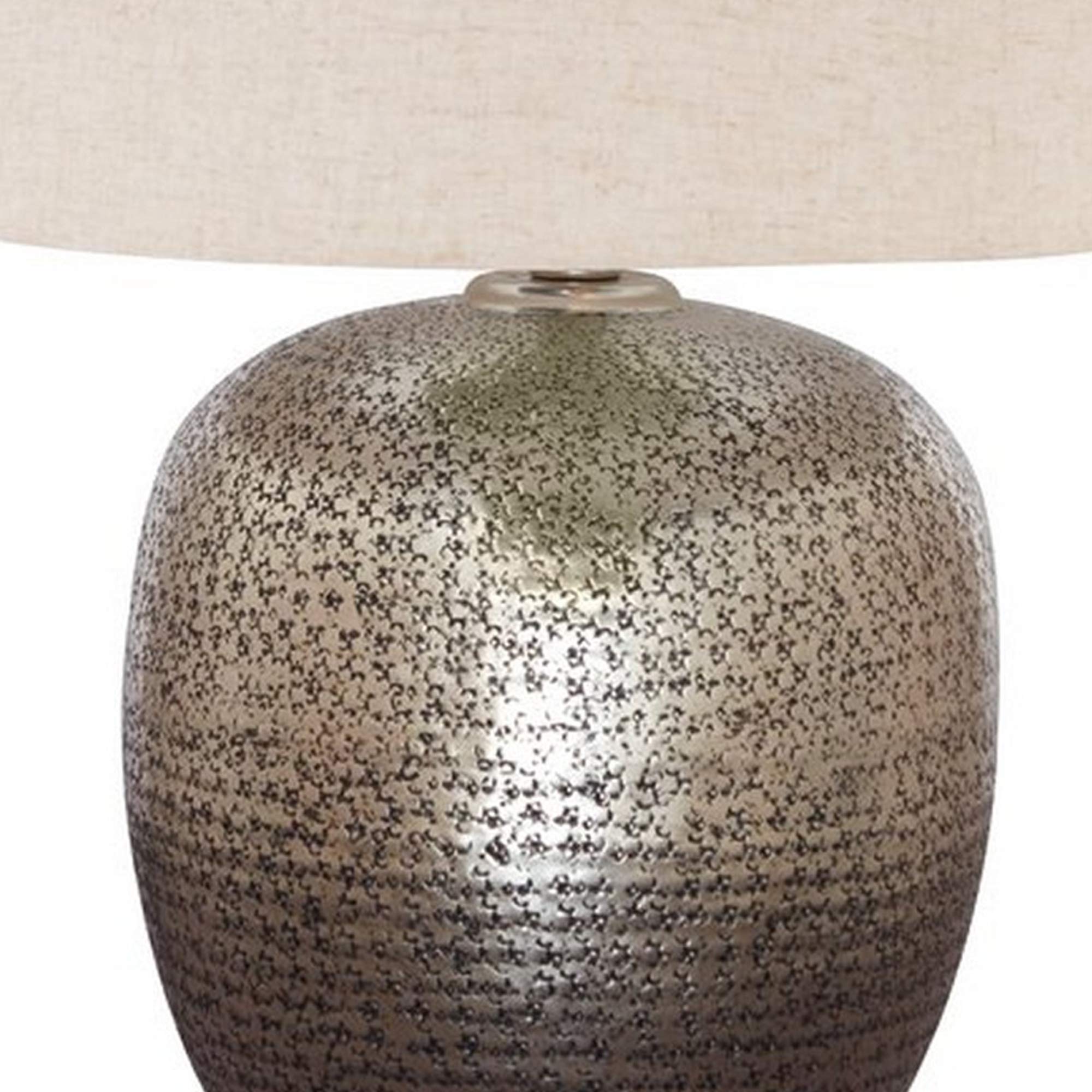 Benjara Bellied Metal Body Table Lamp With Splotched Details, Brass And Cream