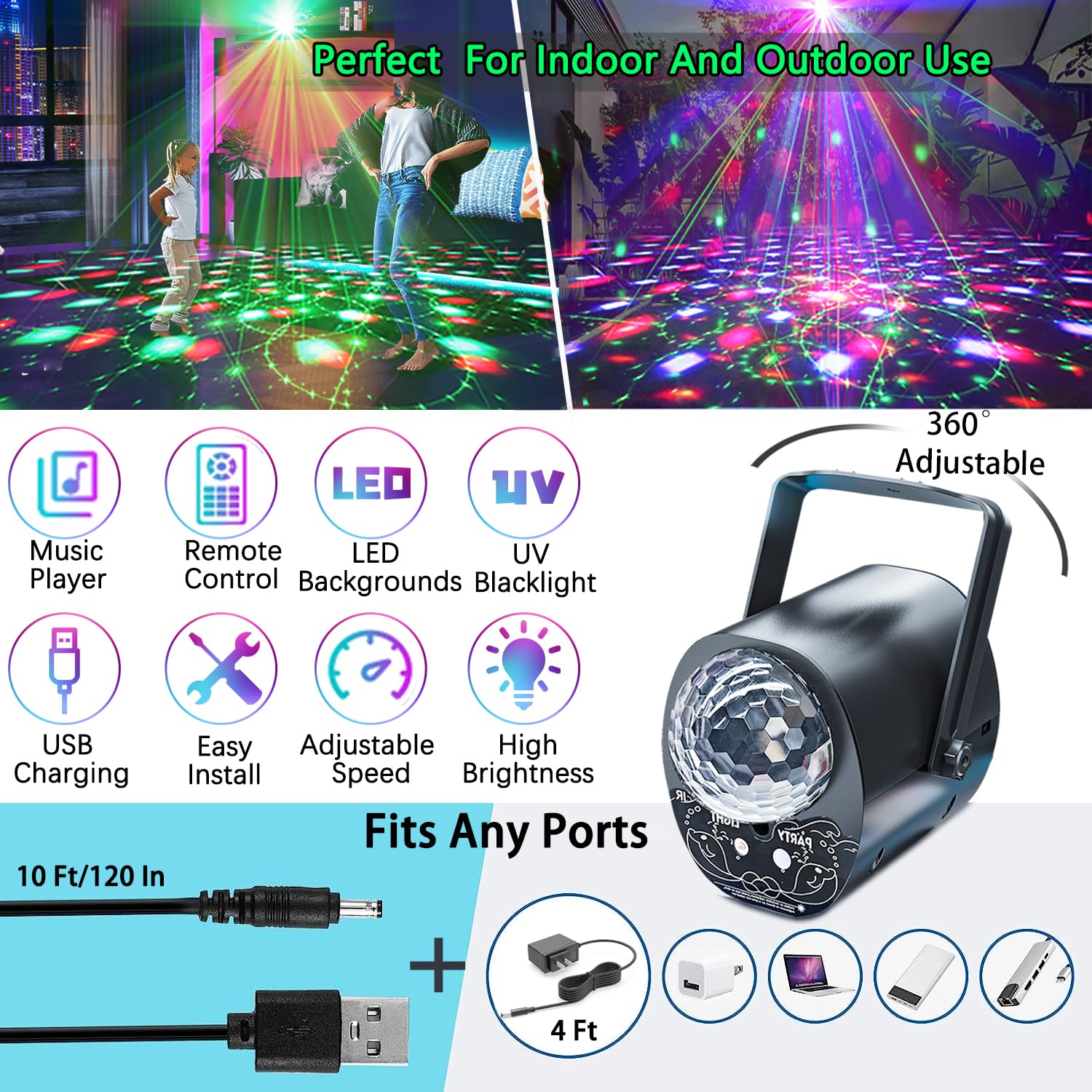 Party Light Disco Ball 4 In 1Dj Strobe Stage Rave Dance Light Projector Effect Sound Activated With Remote Control For Karaoke P