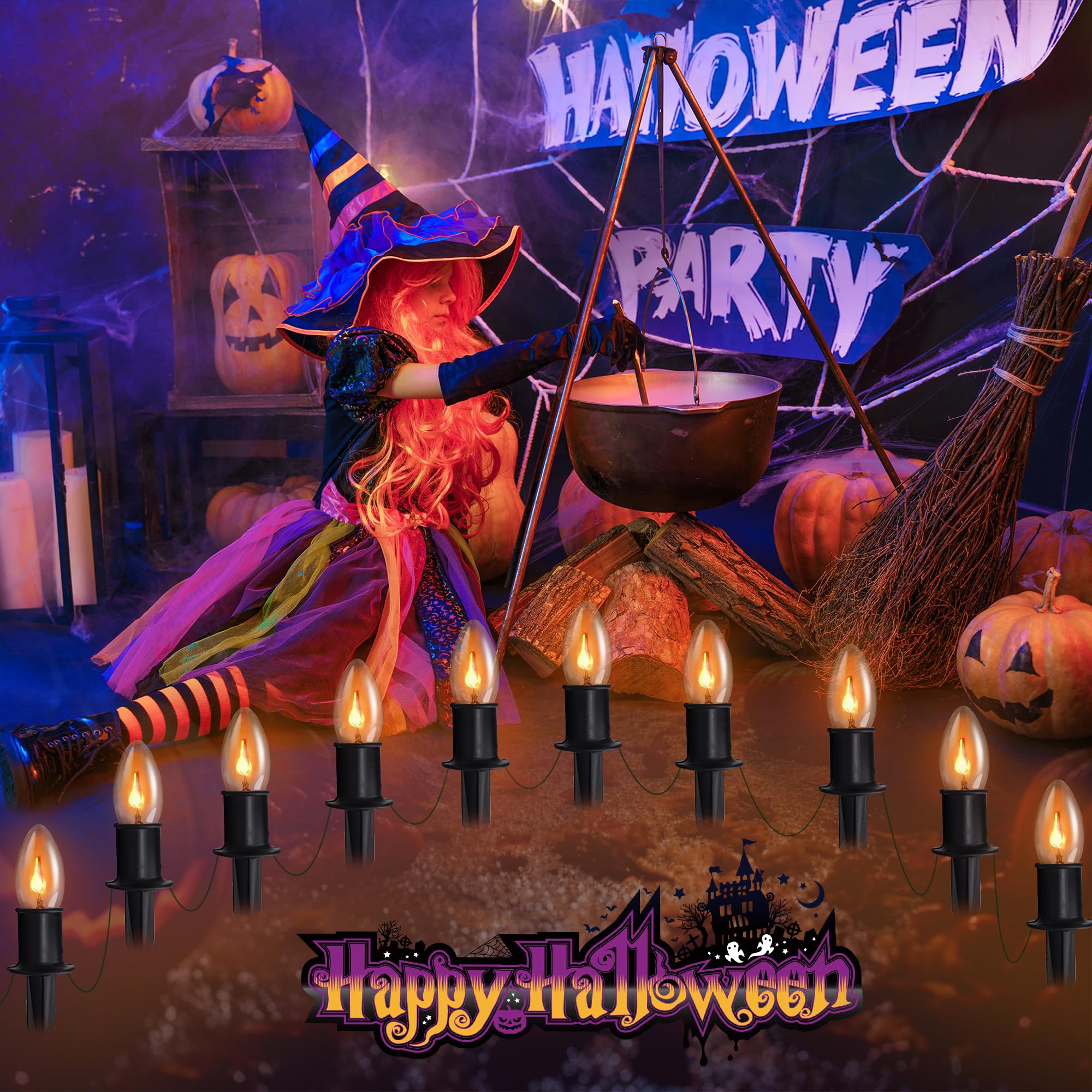 Tioriy 24.2Ft Flickering Flame Pathway Halloween Lights Decoration Outdoor, C9 String Lights Halloween Decor With Stakes, Waterproof 20 Flicker Lights For Garden, Party, Green Wire