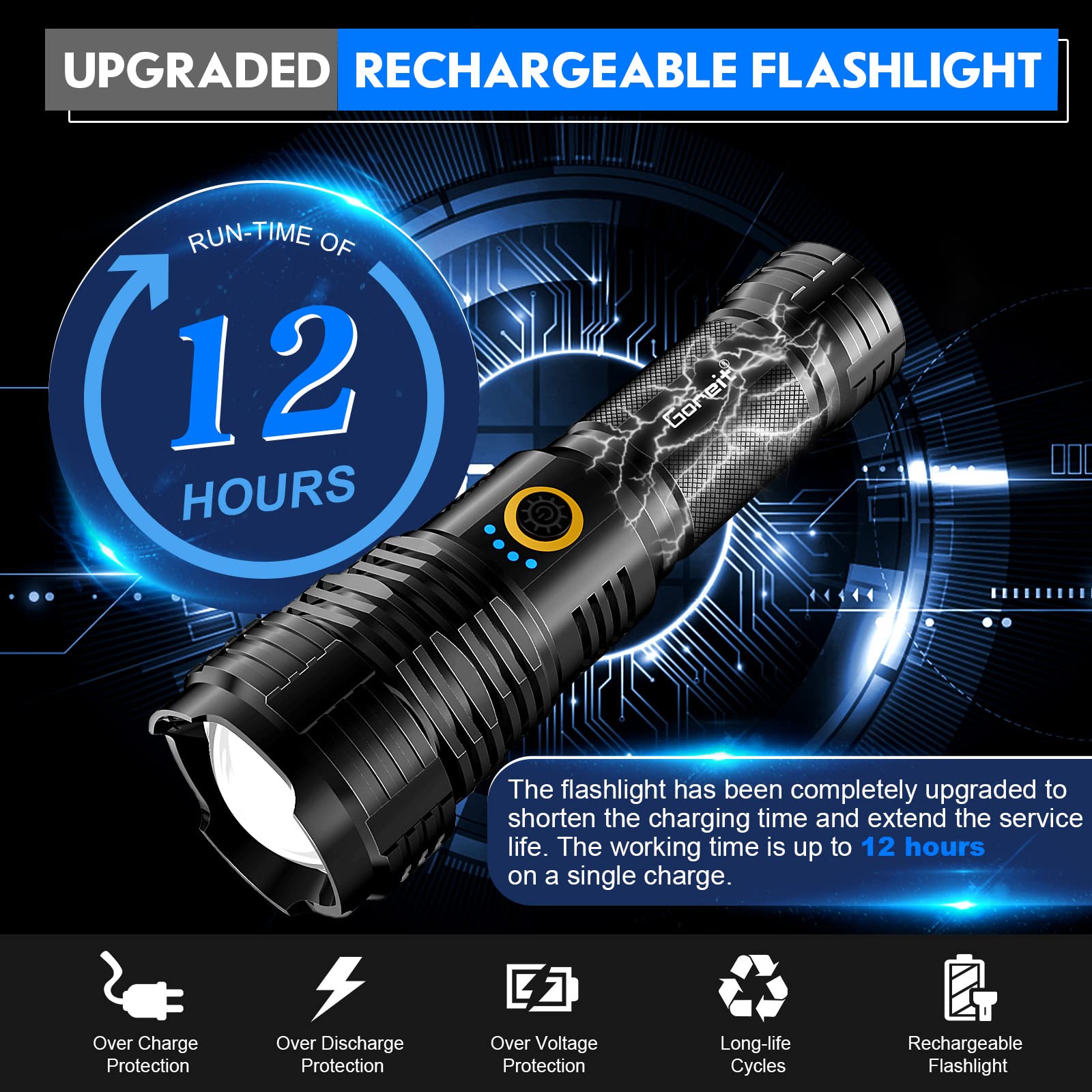 Goreit 950000 Lumens Rechargeable Led Flashlight, Super Bright Handheld Light For Camping & Emergency