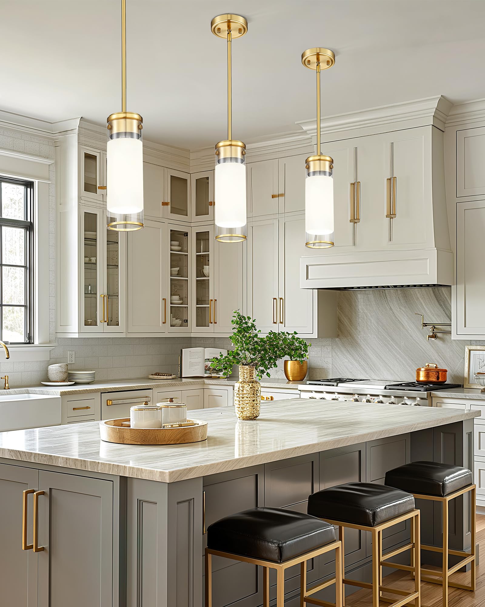 Jazava Frosted Glass Pendant Lights, Modern Cylindrical Hanging Light Fixtue With Polised Gold Finsh For Kitchen Island Dining R