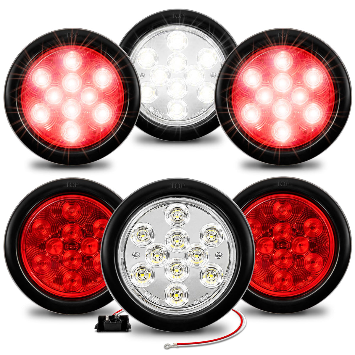 True Mods 4 Red + 2 White 4'' Round 10 Led Trailer Tail Light Kit [Dot Certified] [Grommet & Plug] [Ip67 Waterproof] Stop Brake 