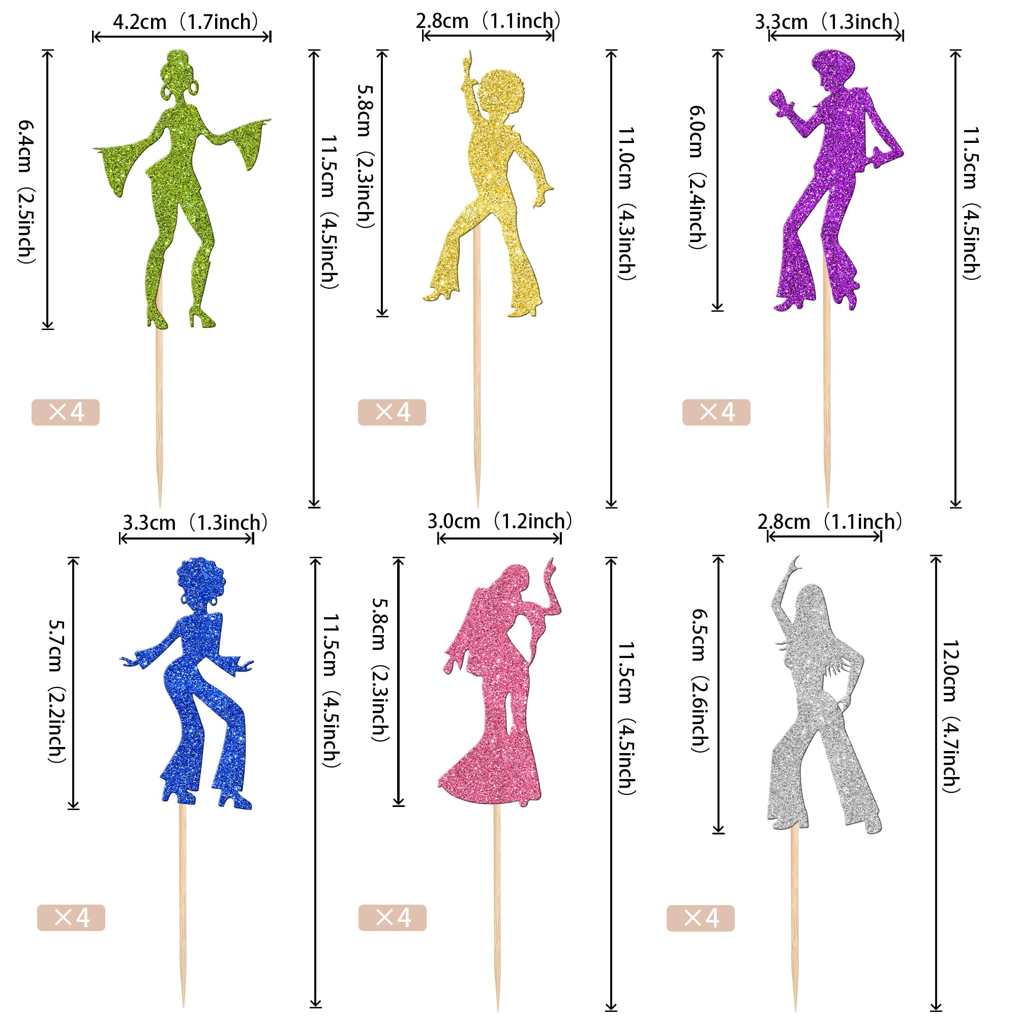 ZHUOWEISM 24 PCS 70s Disco Cupcake Toppers Glitter Paper Picks Colorful for Birthday Party Decorations