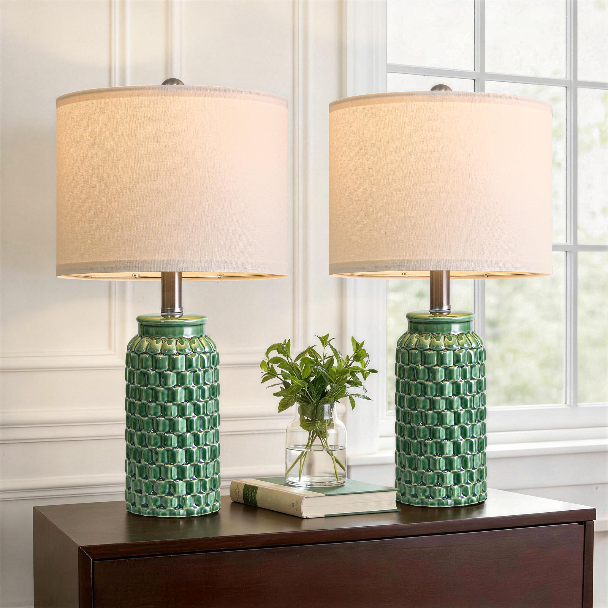 USumkky 20.5 Ceramic Table Lamps Set of 2 - Modern Farmhouse & Boho Style  Bedside Nightstand Lamps for Bedroom  Living Room End Table Lamps  Small Desk Lamp(Green)