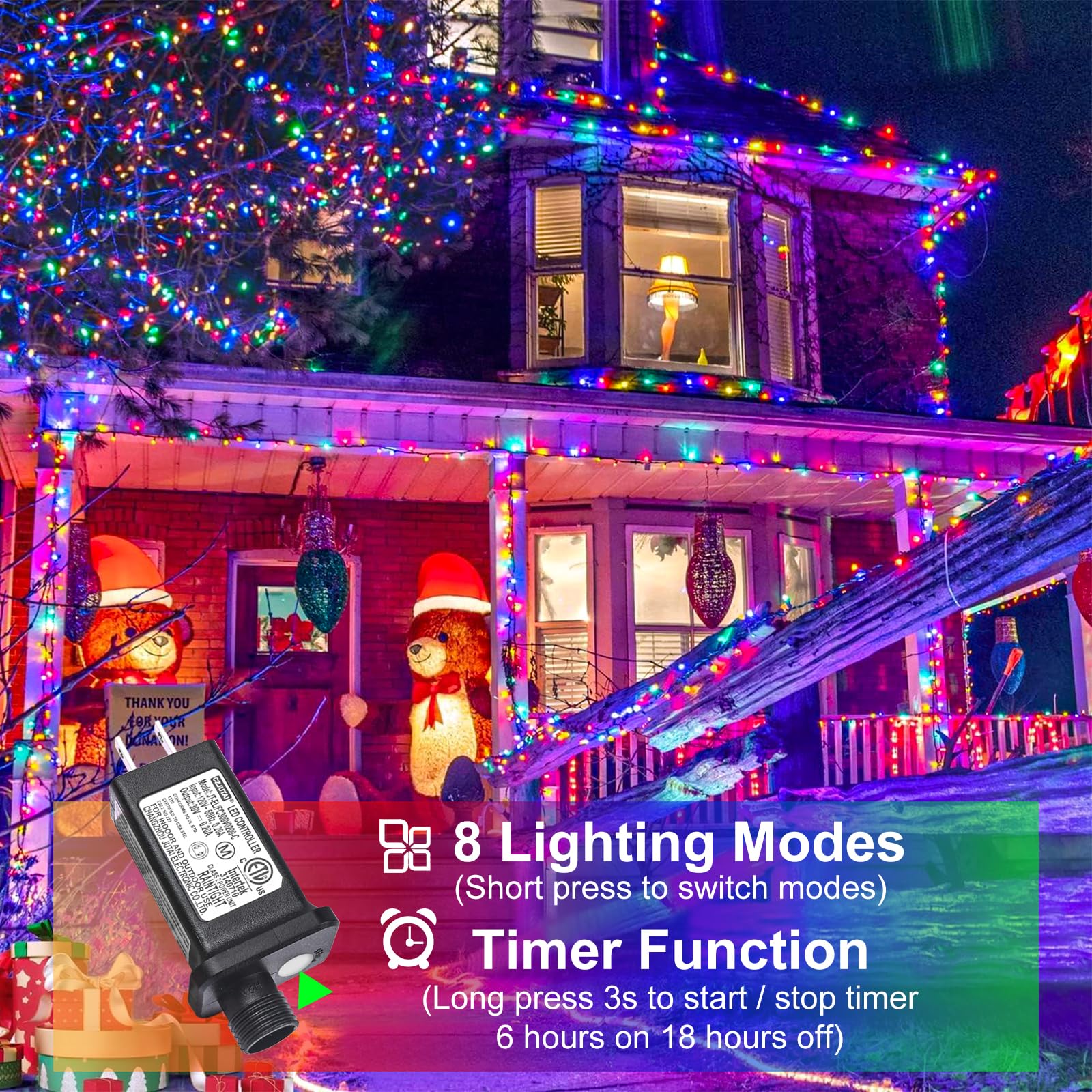 Nielfoi 328Ft 1000 Led Christmas Lights  Plug In Multicolor Christmas Tree Lights Outdoor With Timer And 8 Modes  Green Wire Waterproof String Lights For Indoor Yard Patio Xmas Holiday Decorations