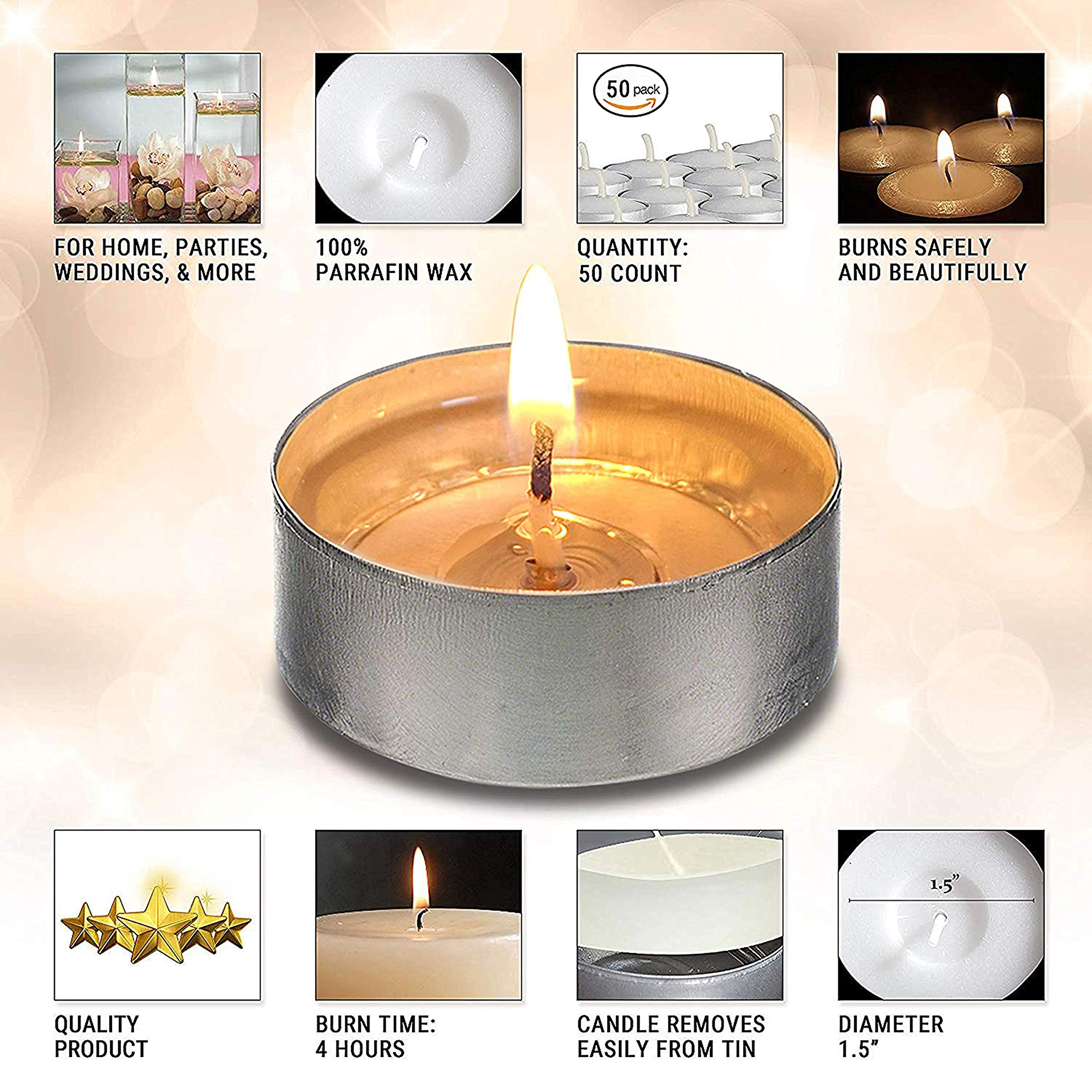 OHR CANDLES Tealight Candles - 50 Pack Bulk, Unscented White Wax, 4 Hour Burn Time, Model 28080