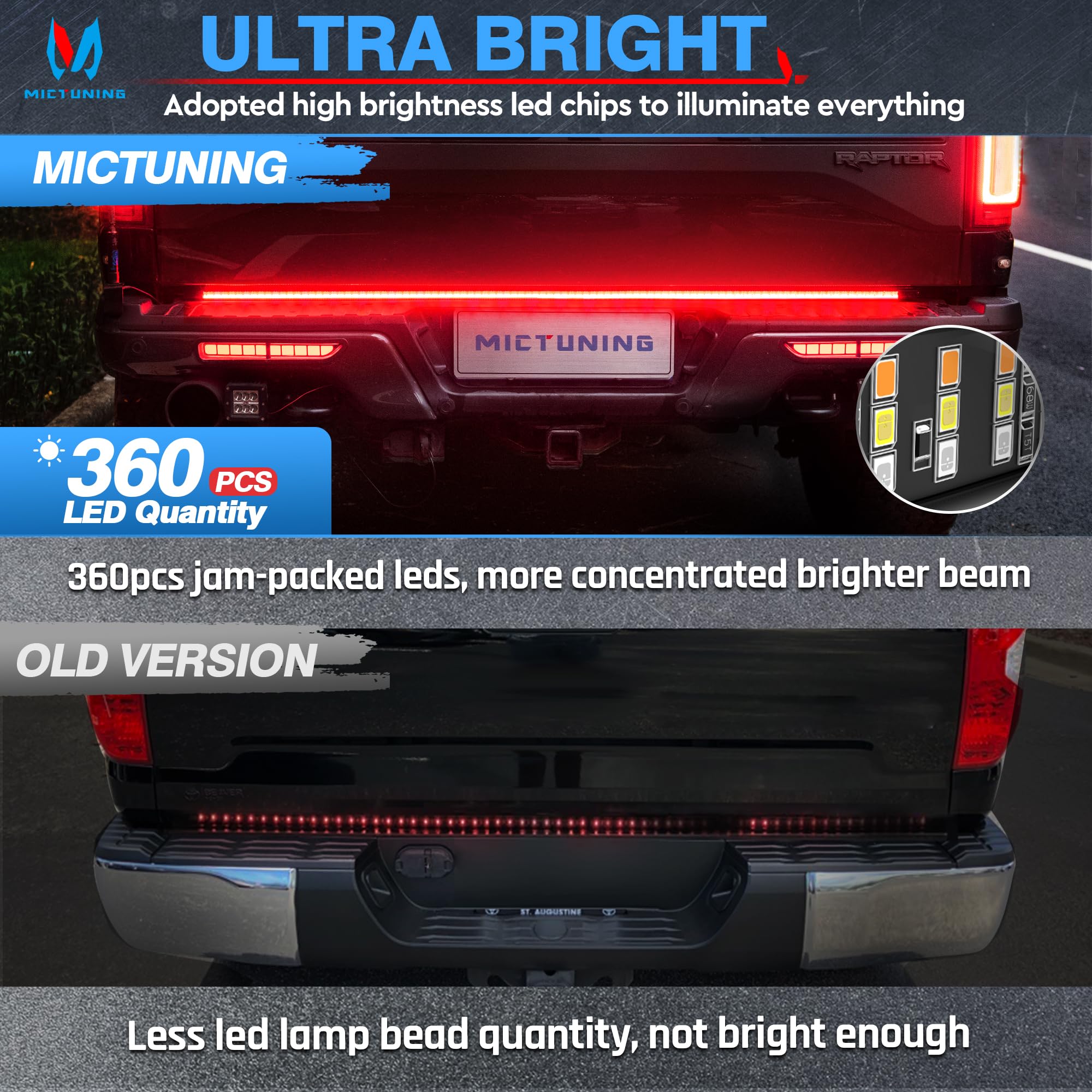 MICTUNING Tailgate Strip Light - 48" Waterproof 360 LED, 5 Functions, Sequential Amber Turn Signal, Red Brake, White Reverse