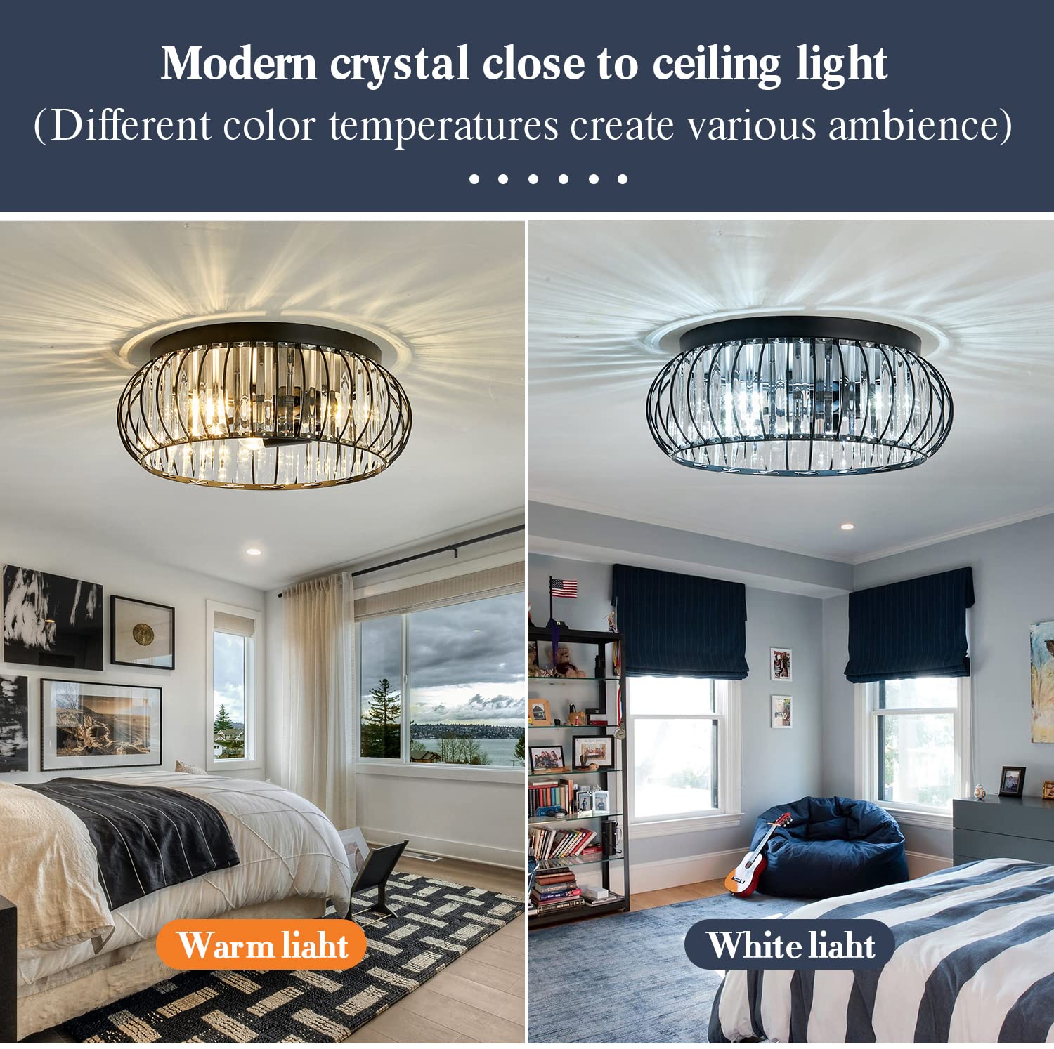 Yyjlx Modern Black Crystal Flush Mount Ceiling Light - 3 Light Chandelier For Indoor Spaces