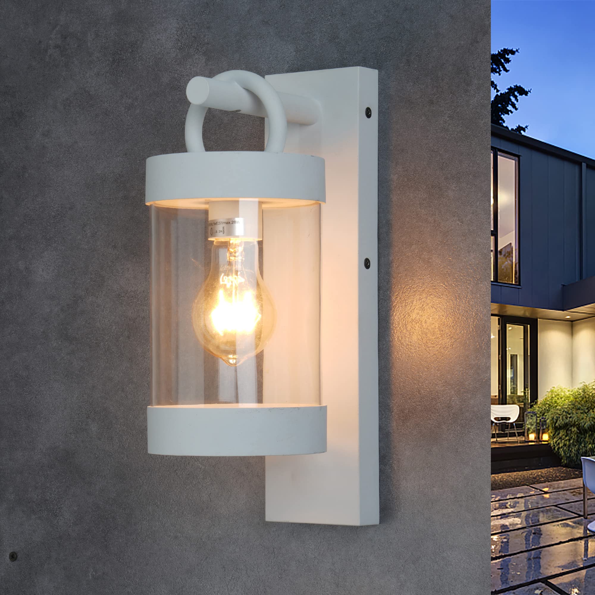 Lustrlach Dusk To Dawn Outdoor Wall Light, White Modern Waterproof Fixture With E26 Base