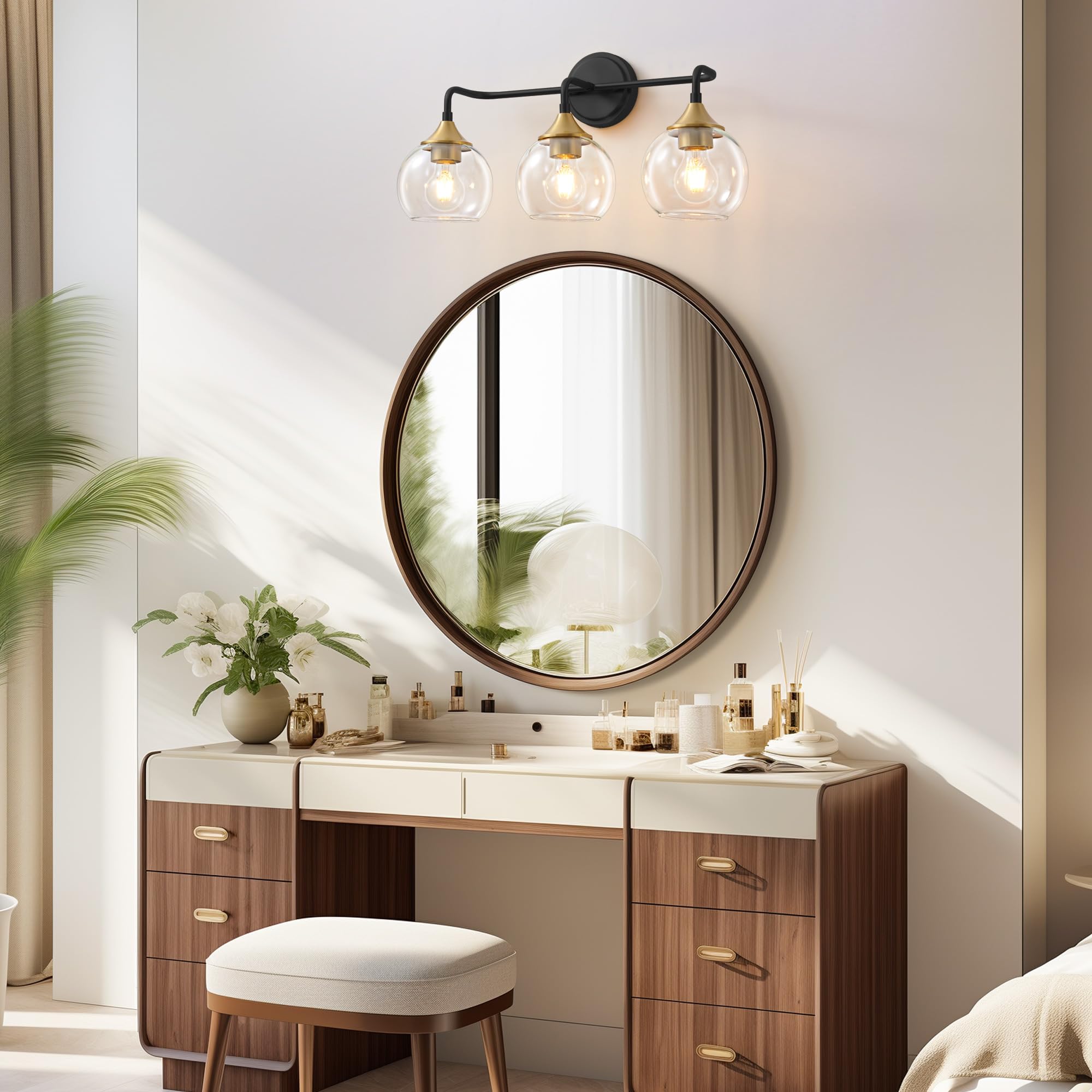 Gednbo 3-Light Bathroom Vanity Light Fixture, Black and Gold, Clear Glass Shade, 22 inch, Model G1796