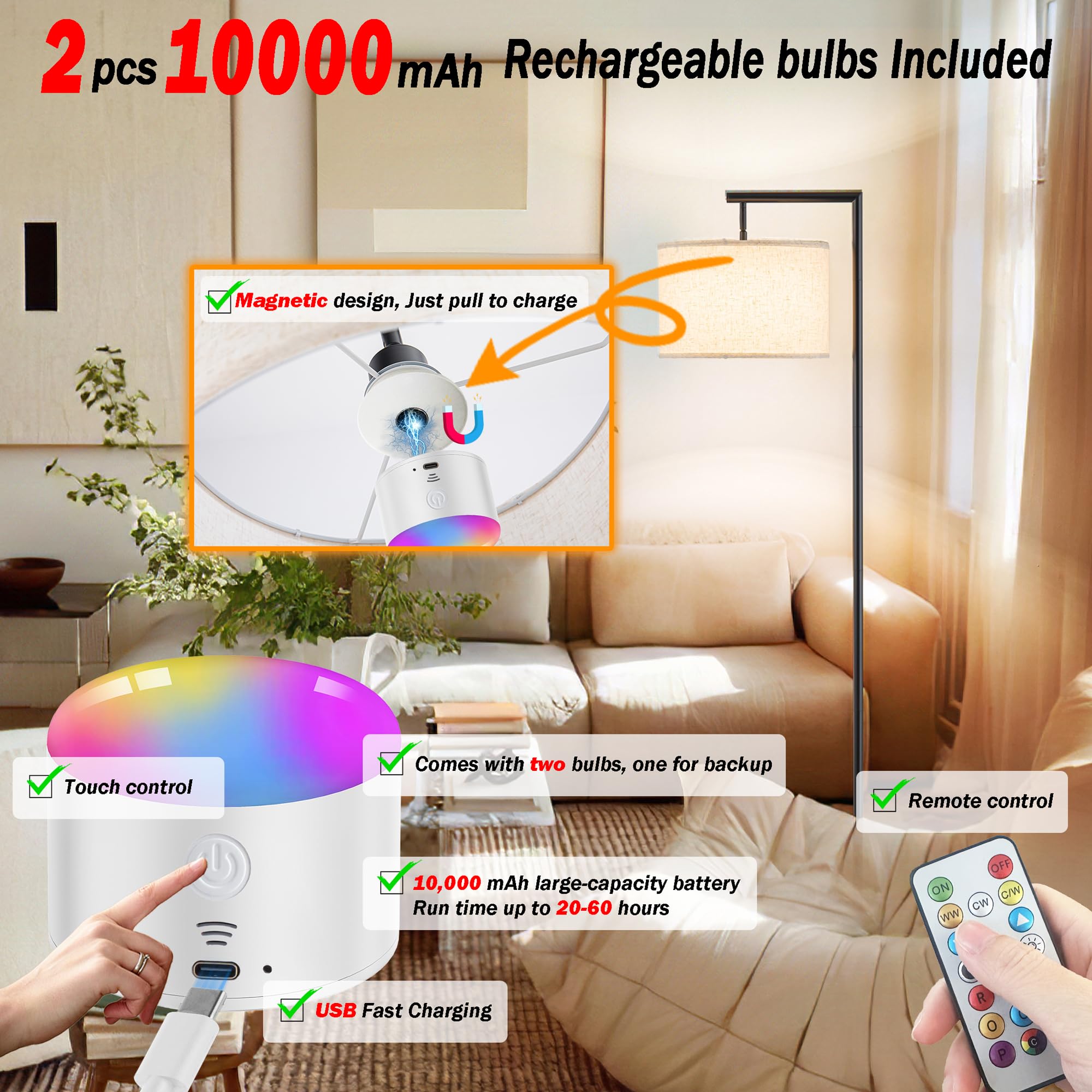 Nekhung Modern Battery Operated Floor Lamp Cordless for Living Room, 10000mAh RGB Dimmable Lamp with Remote Control Lighting tim