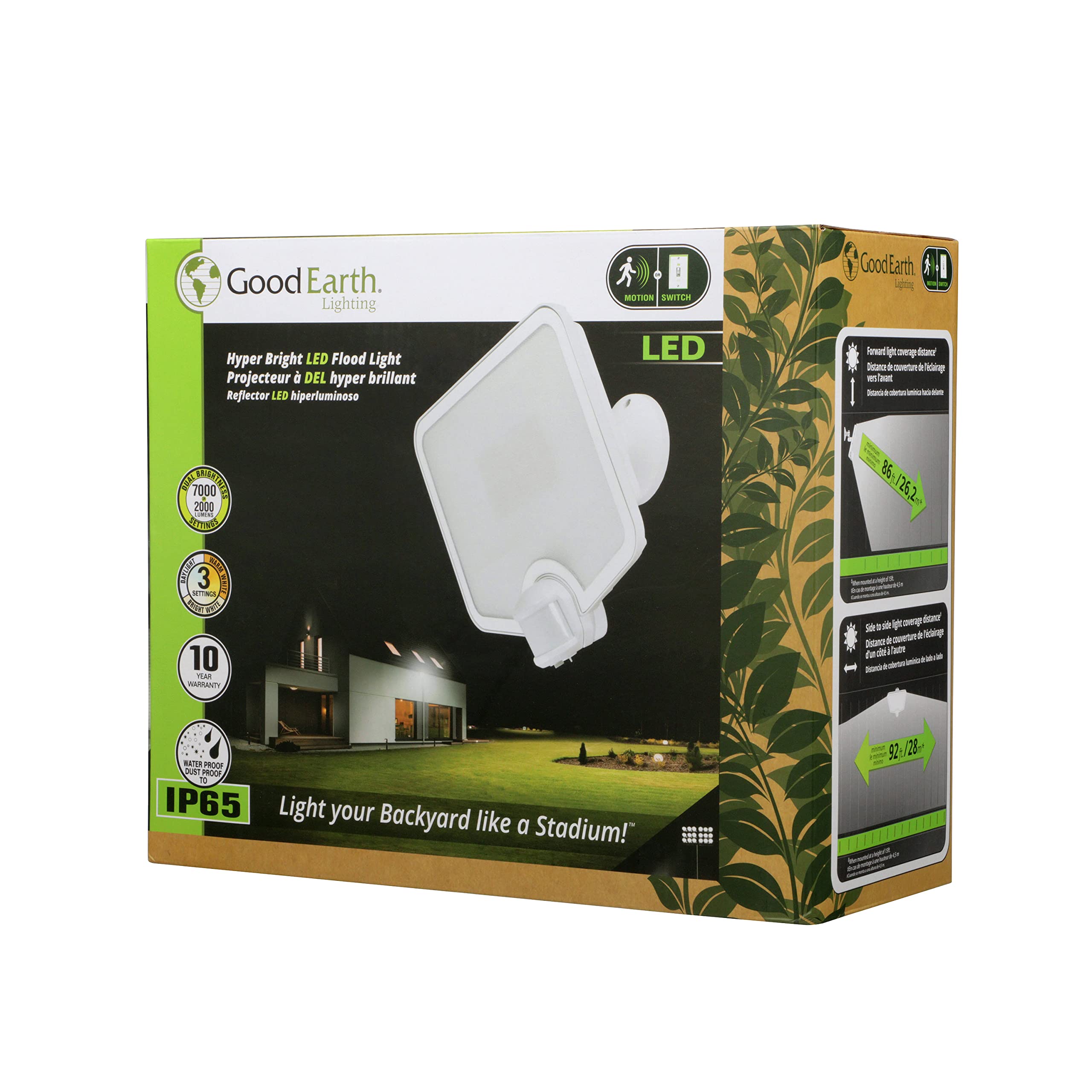 Good Earth Lighting Hyper Bright LED Motion Activated Security Flood - White, 2000 or 7000 Selectable Lumens, 3000K/4000K/5000K 