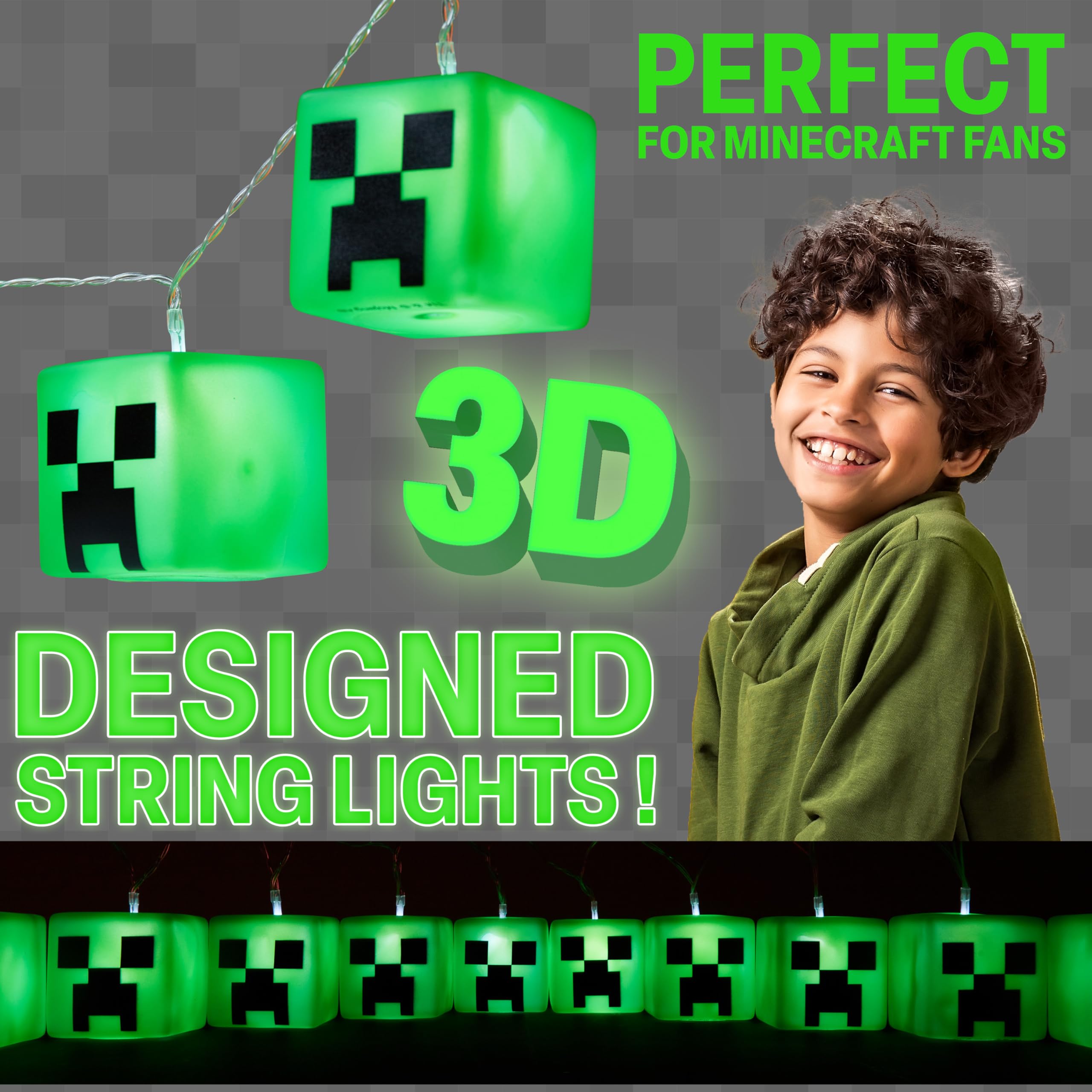 Minecraft LED Fairy Lights, Battery Operated, Creeper Cube 1.5" - White Indoor Room Decor for Kids and Gamers
