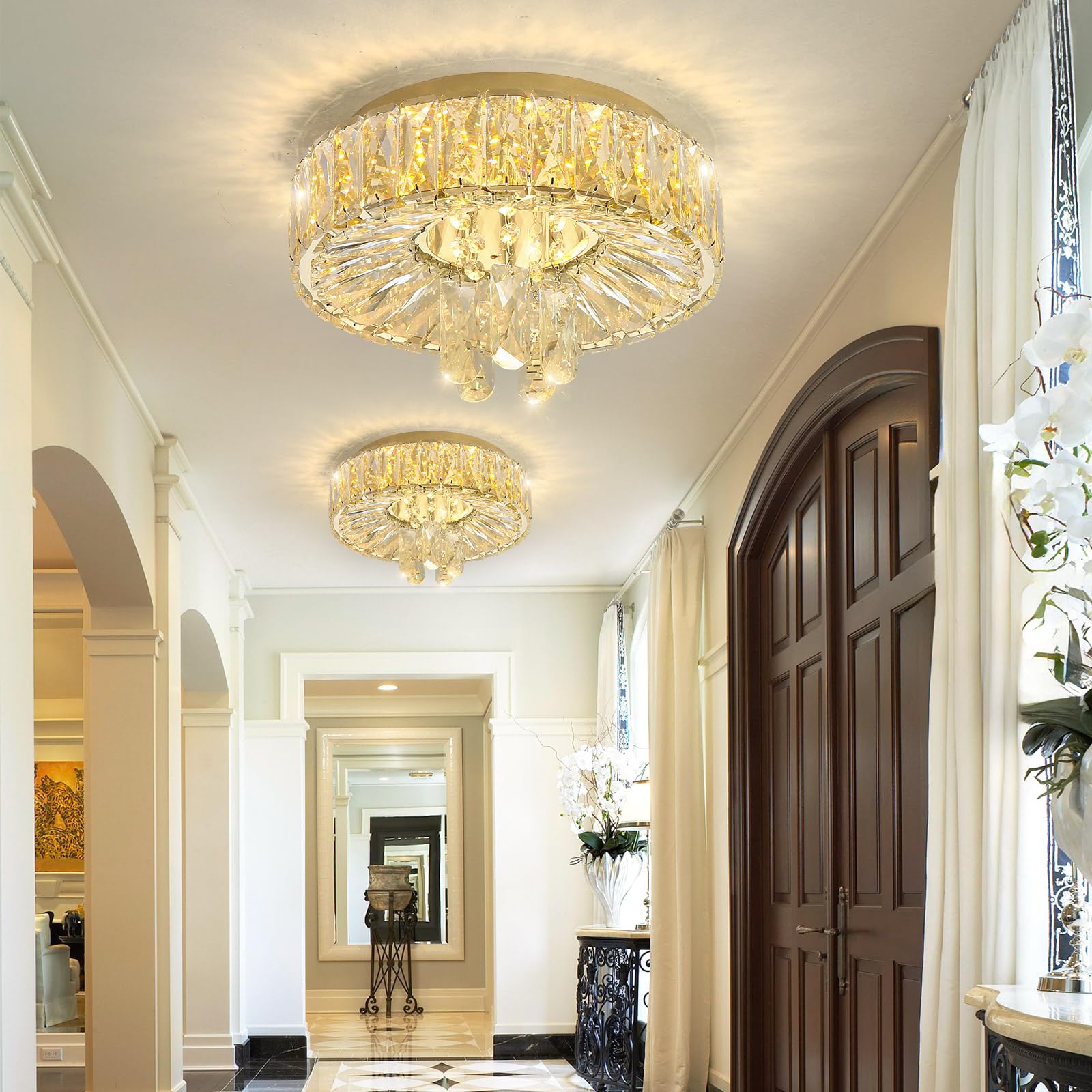 53.7'' Modern Crystal Big Large Chandeliers Led Dimmable Flush Mount Ceiling Chandeliers For Living Room High Ceiling Entrance F