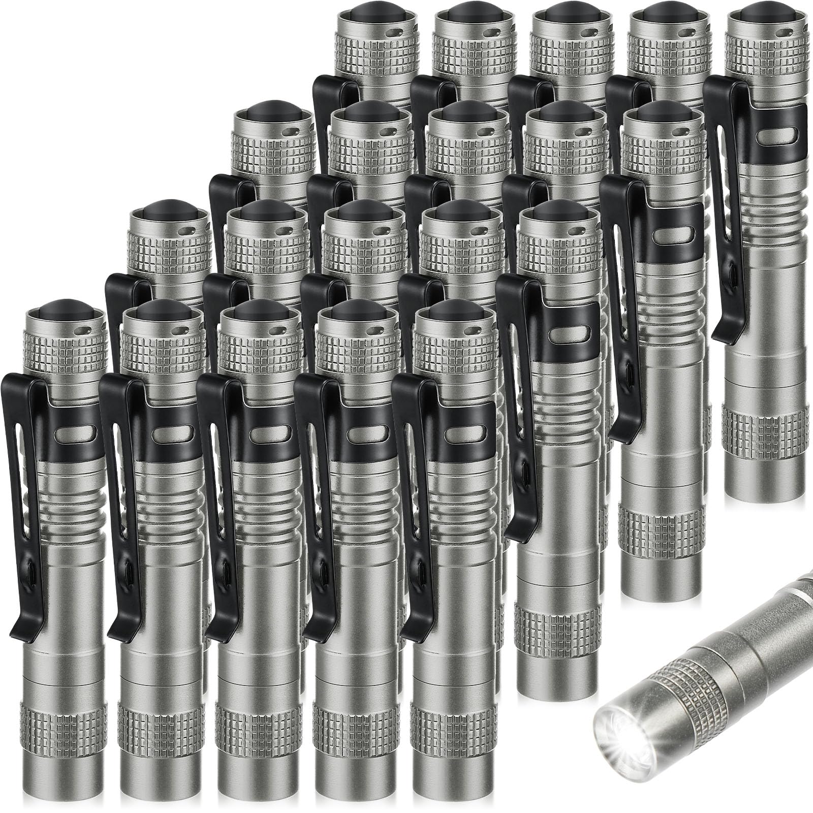 Hortsun Mini Pen Light Flashlights - 20 Pcs LED Handheld Torches, 3.54 Inch, Silver Gray, Aluminum, Pocket Size