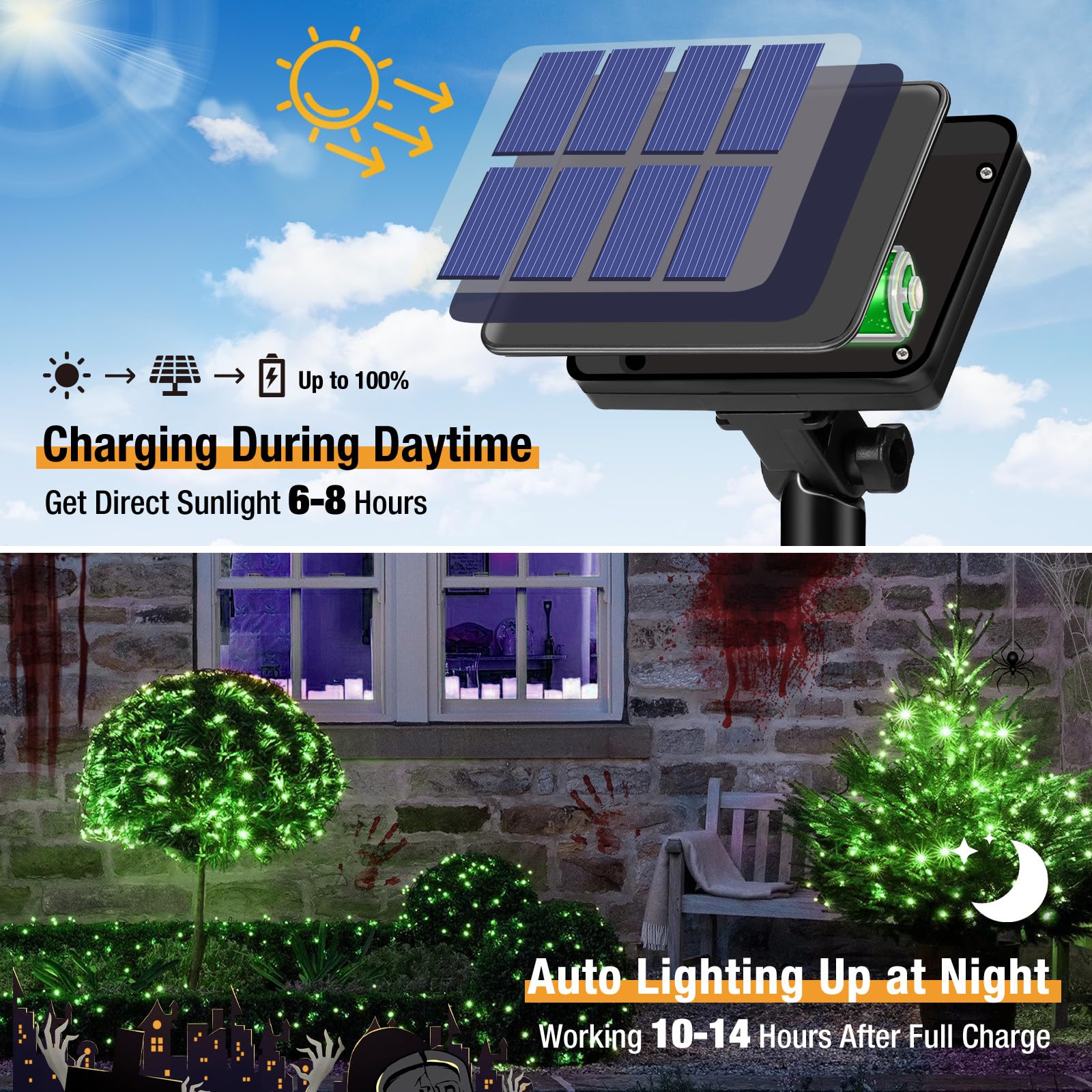 Btfarm 2 Pack Solar String Lights Outdoor, 160Led 66Ft Halloween Solar Fairy Lights Outside Waterproof, 8 Modes Solar Powered Tw