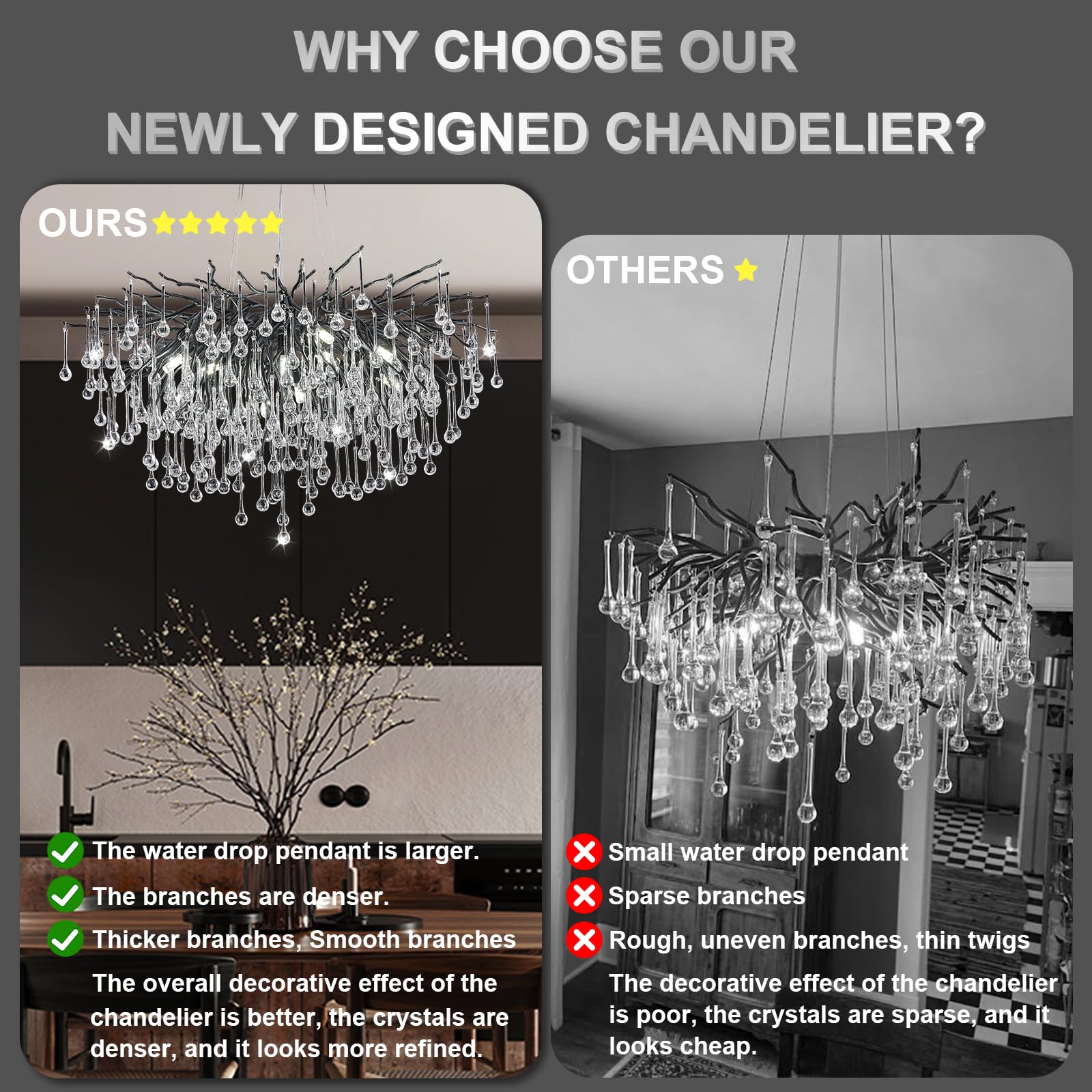NIUZDU Modern Black Crystal Chandelier - 23.6" Round Raindrop Design, Foyer Lighting for Dining Room, Entryway, Living Room, Bathroom