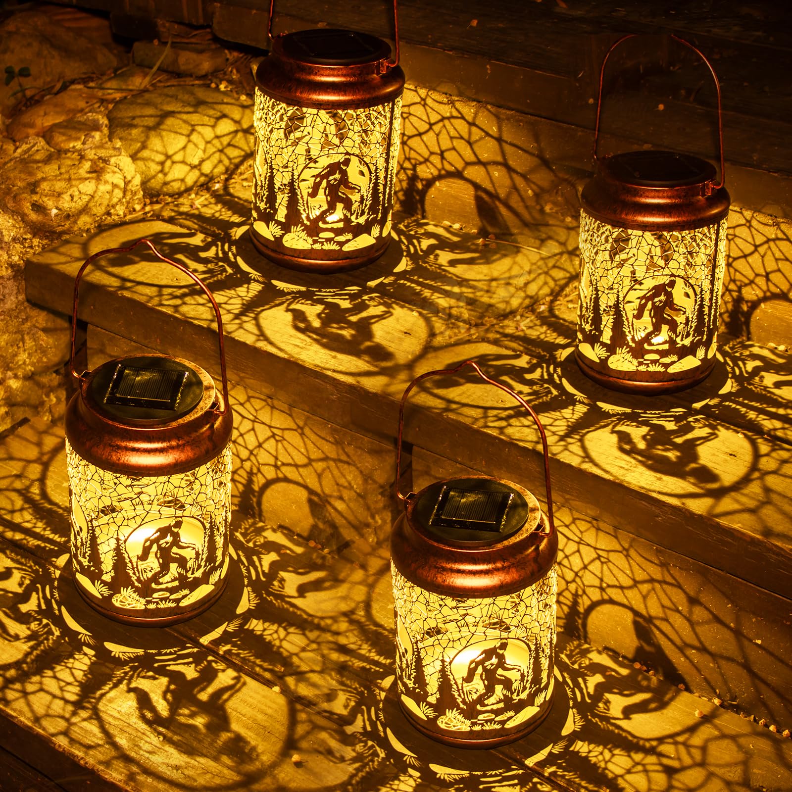 YISITEONE 4 Pack Bigfoot Solar Lanterns, Waterproof Metal Hanging Lights for Patio, Brown, Model ES04250200009