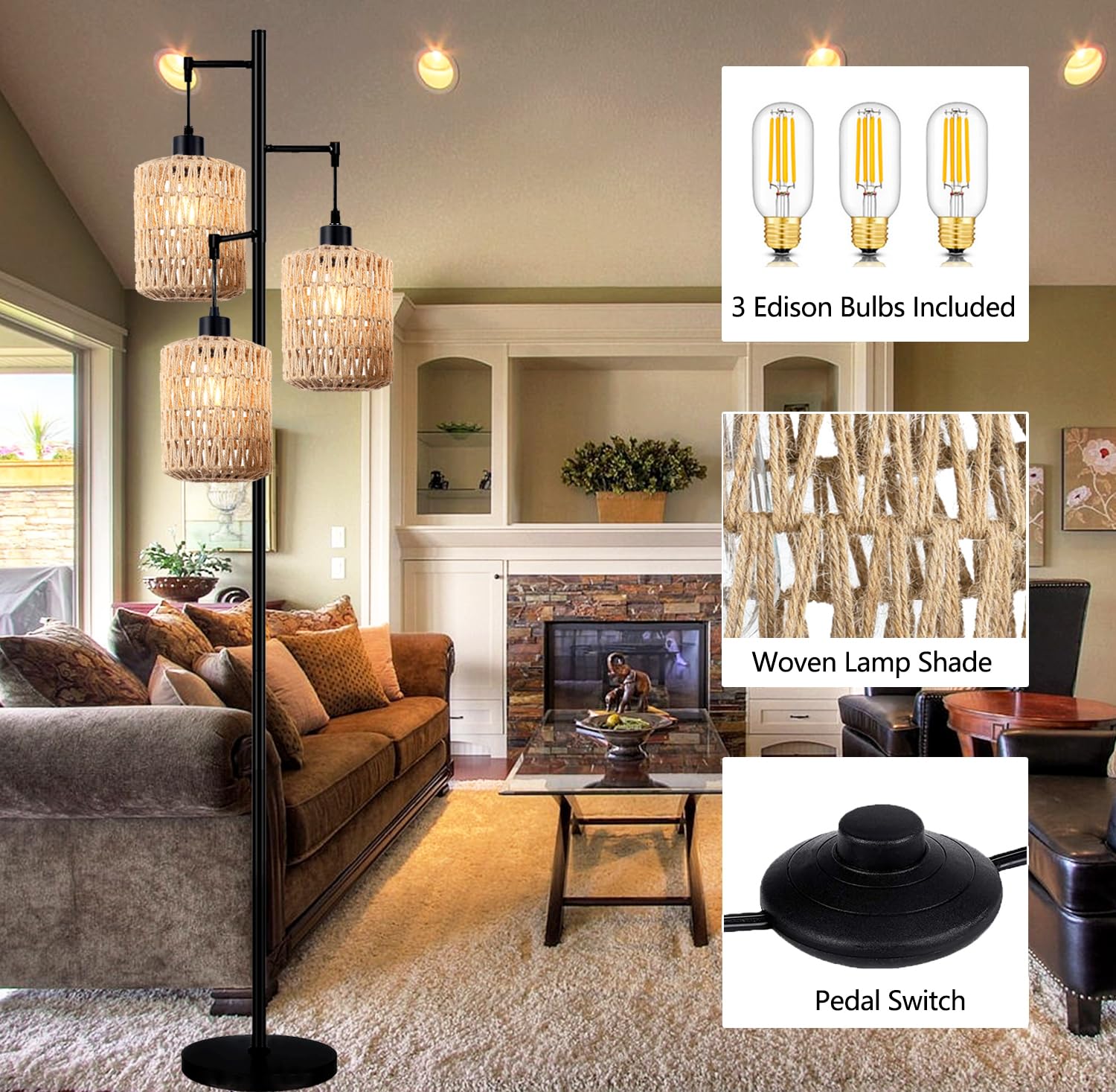 QIYIZM Floor Lamp - 3-Lights Boho Rattan Tree Lamp, Industrial Black, Rustic Woven Bamboo Shade, Ideal for Living Room and Bedroom