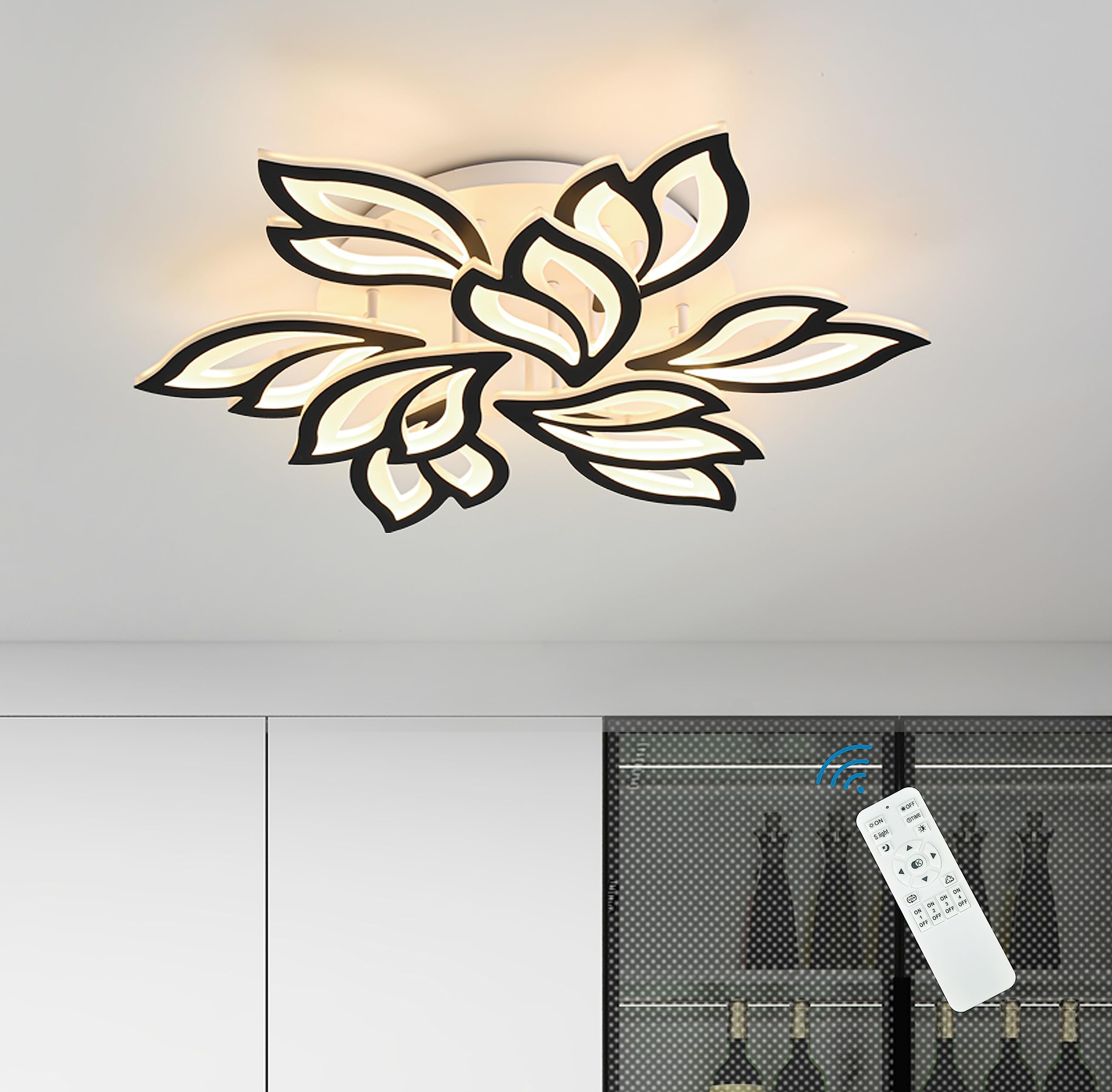 Garwarm Led Ceiling Light  Dimmable Modern Flower Shape Flush Mount Ceiling Lamp  75W Acrylic Petals Ceiling Chandelier Lighting With Remote Control For Living Room Bedroom Dining Room (Black)